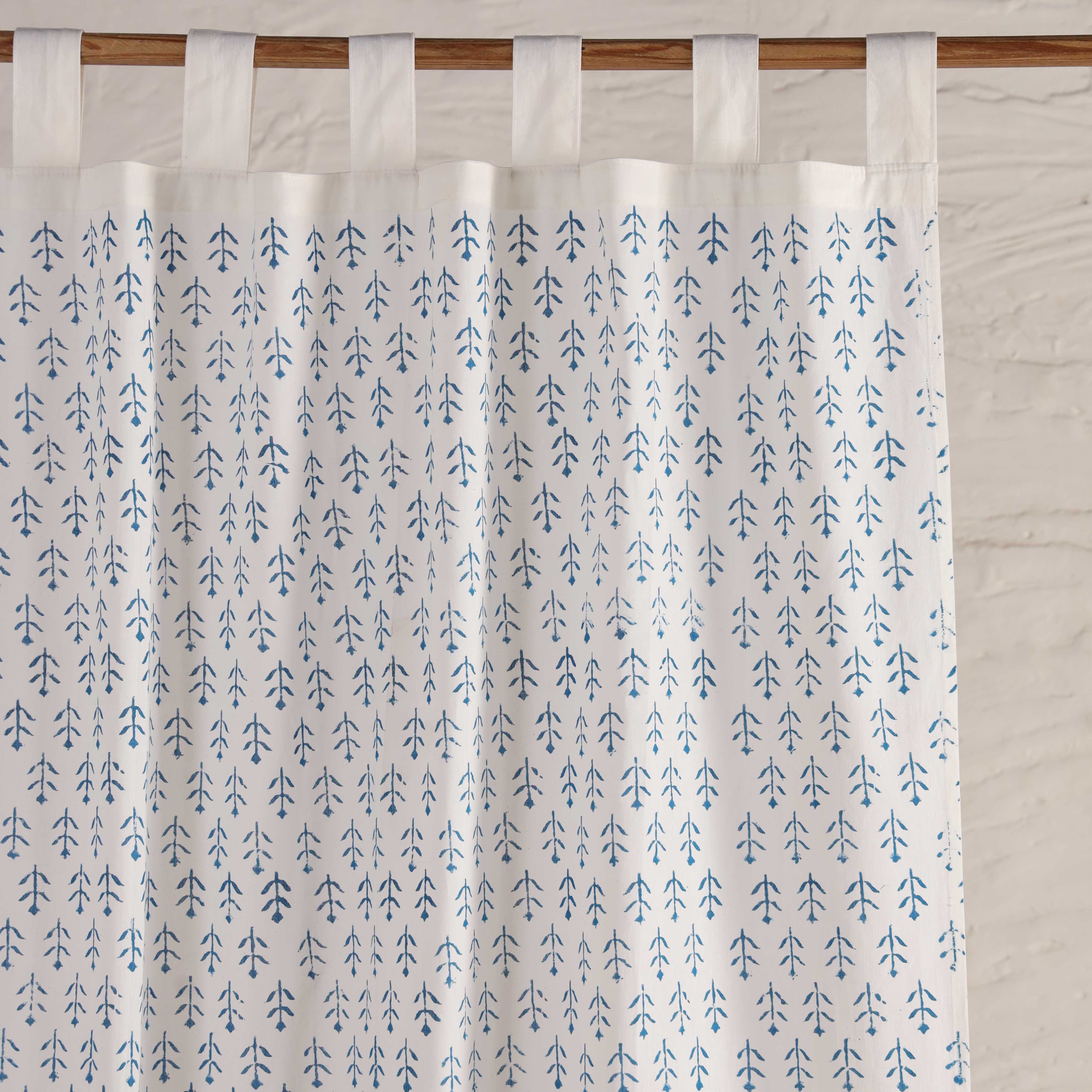 Coastal Blue Botanical Cotton Curtain – Handcrafted Single Panel