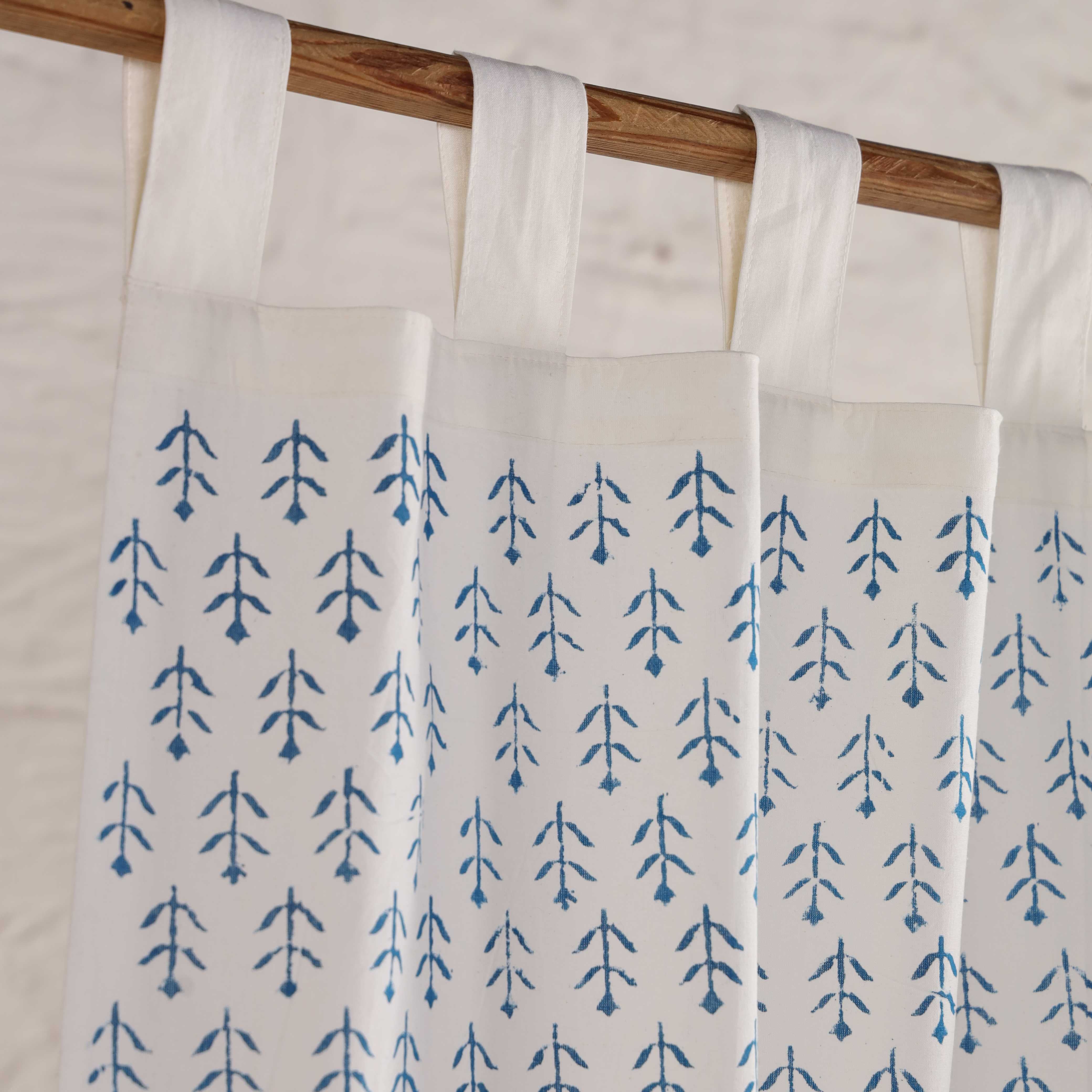 Coastal Blue Botanical Cotton Curtain – Handcrafted Single Panel