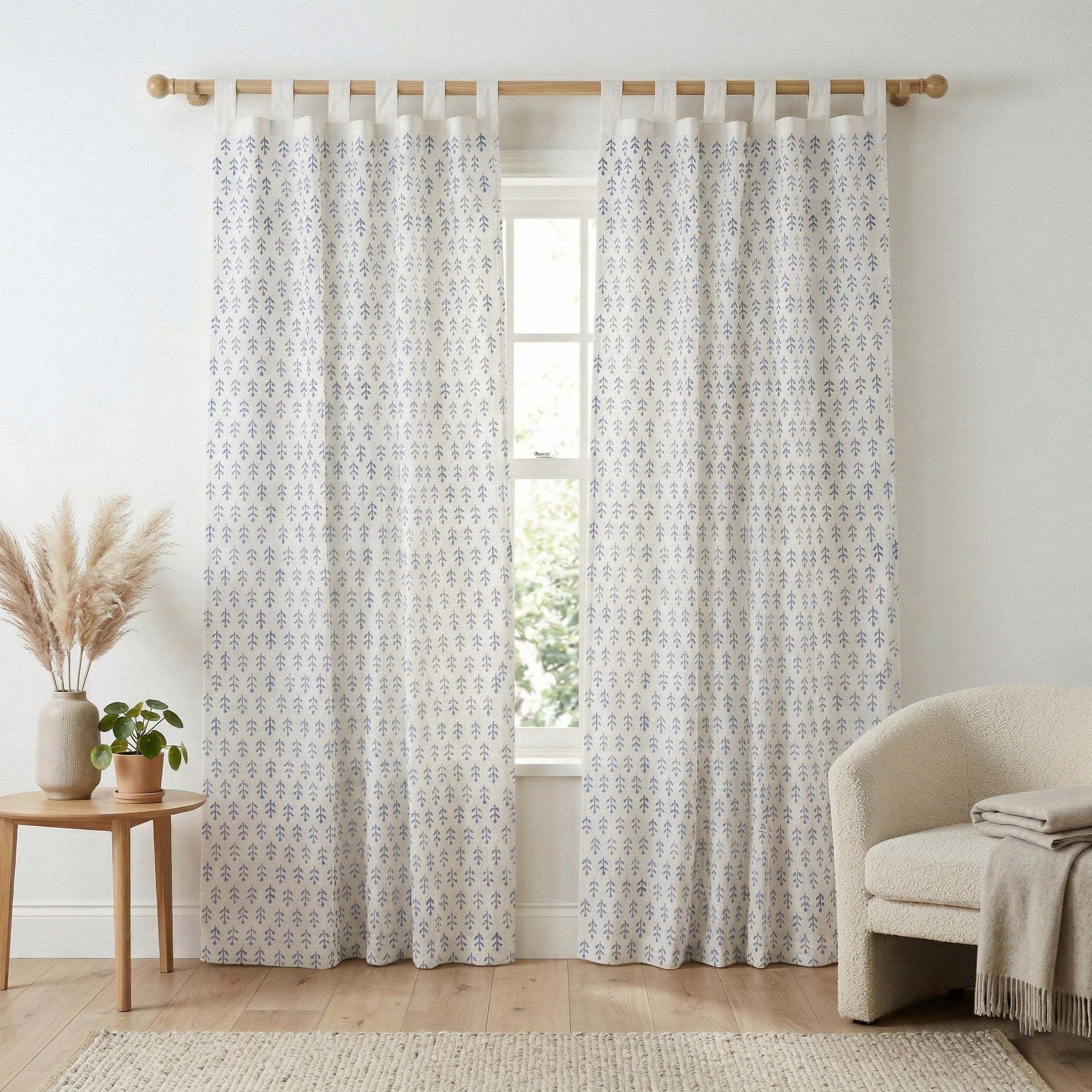 Coastal Blue Botanical Cotton Curtain – Handcrafted Single Panel