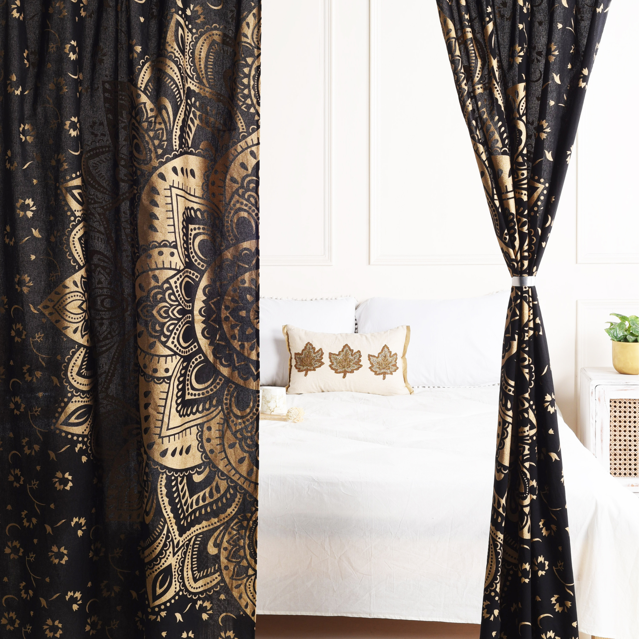 Black and Gold Lotus Pure Cotton Mandala Curtains - 2 Panel Set