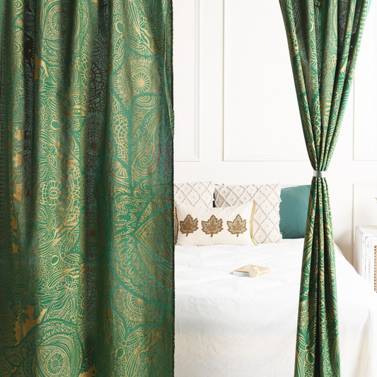 Green Abstract Pure Cotton Mandala Curtains - 2 Panel Set