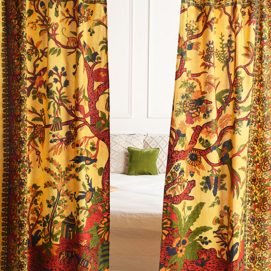 Yellow Tree Of Life Pure Cotton Curtains - 2 Panel Set