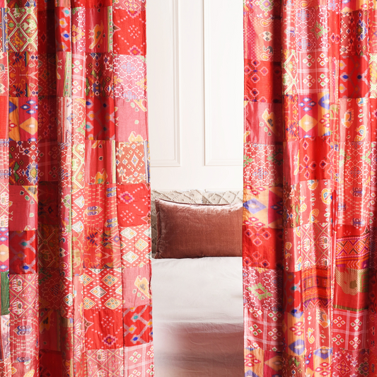 Red Silk Patchwork Curtains - 2 Panel set