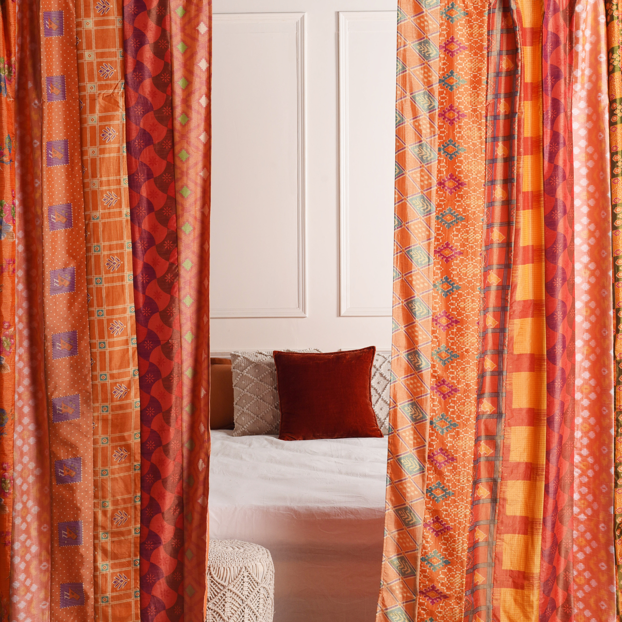 Orange Silk Patchwork Curtains - 2 Panel set