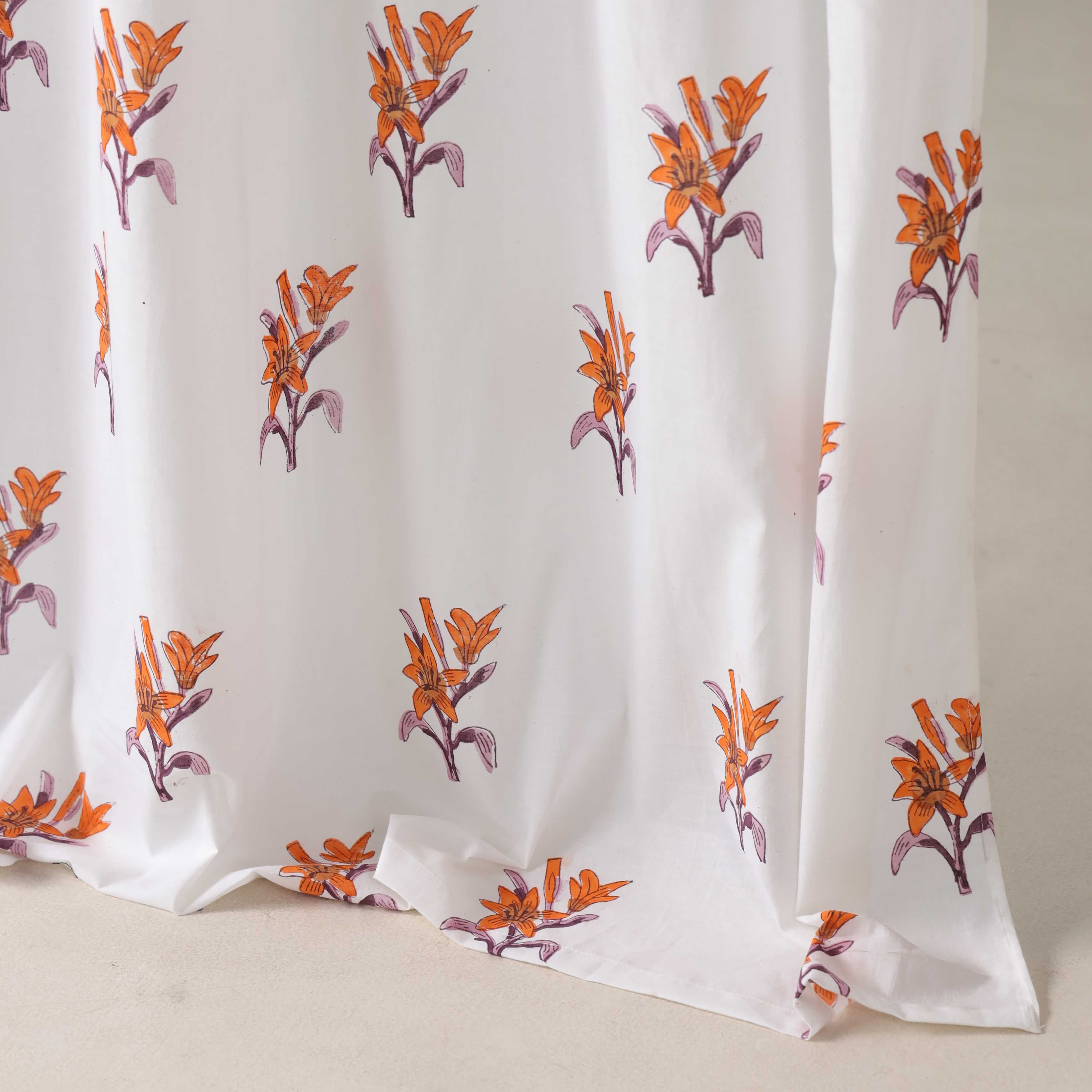 Premium 100% Cotton Floral Curtains – Modern Orange Lily Print Tab Top Window Drapes for Living Room & Bedroom