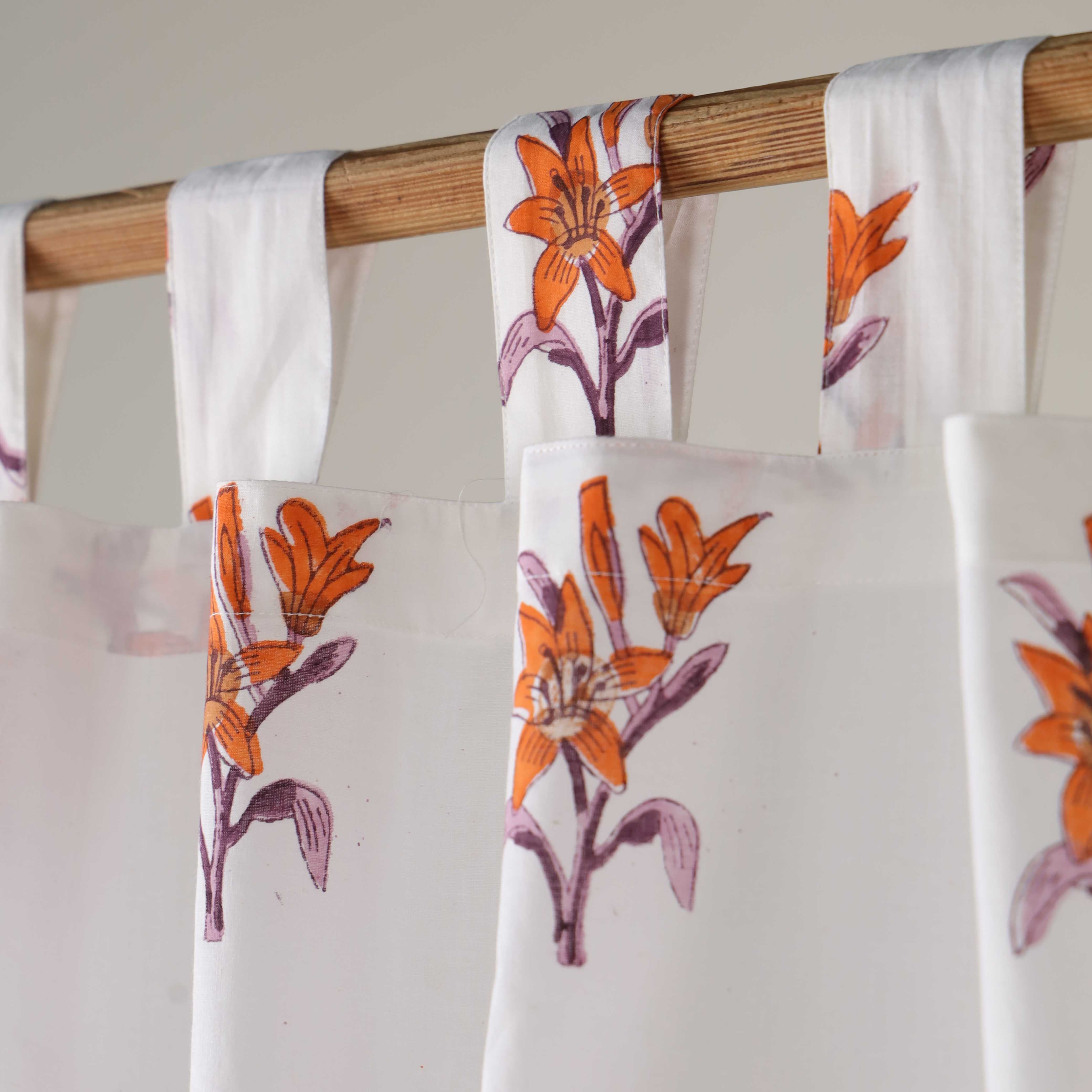 Premium 100% Cotton Floral Curtains – Modern Orange Lily Print Tab Top Window Drapes for Living Room & Bedroom