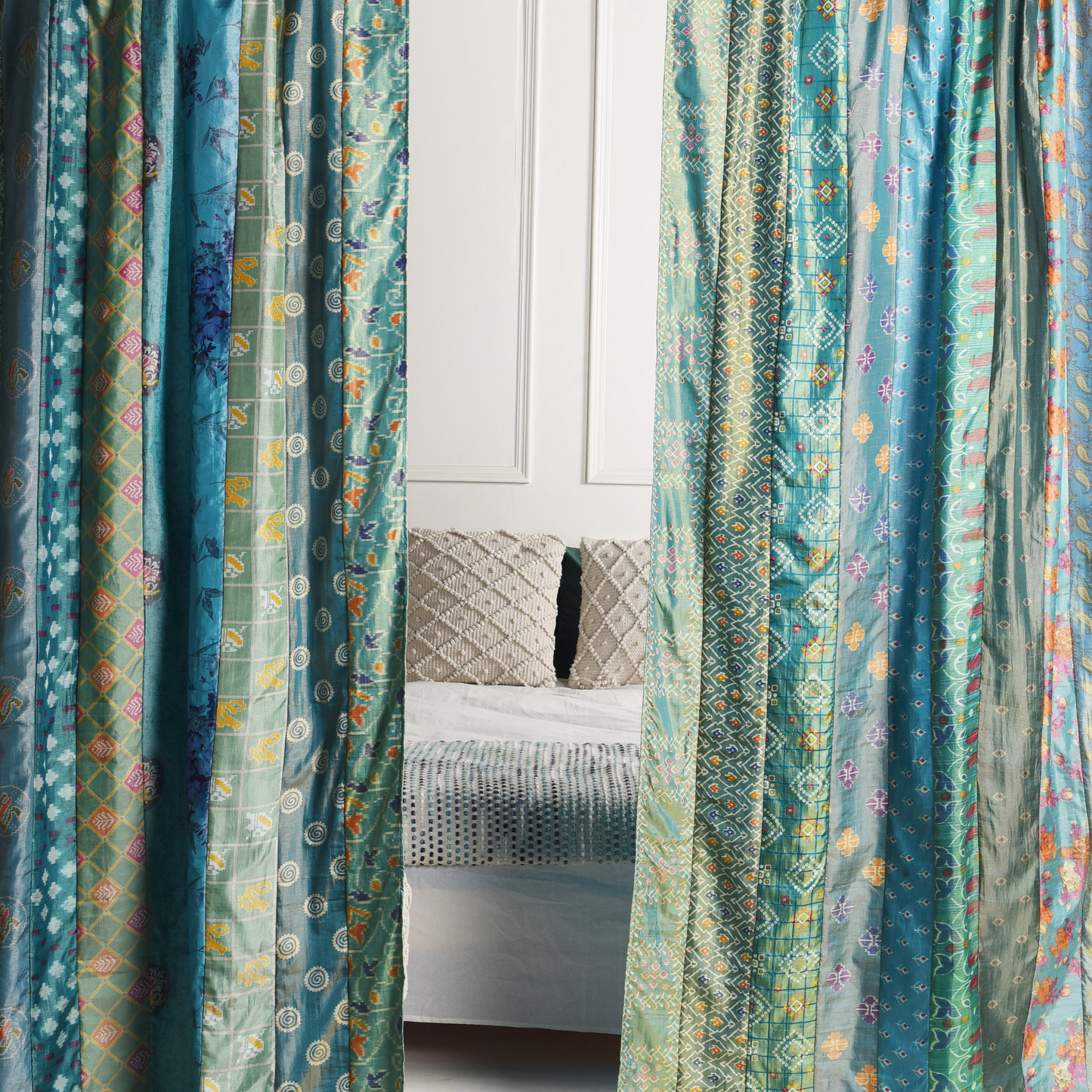 Turquoise Blue Silk Patchwork Curtains - 2 Panel set