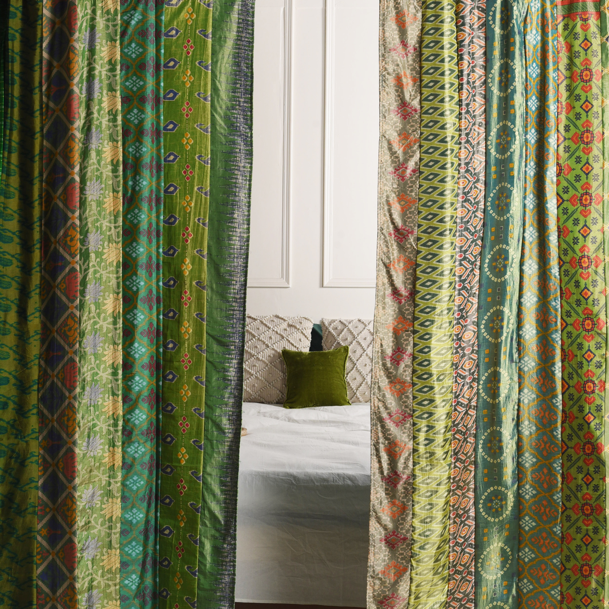 Green Silk Patchwork Curtains - 2 Panel set