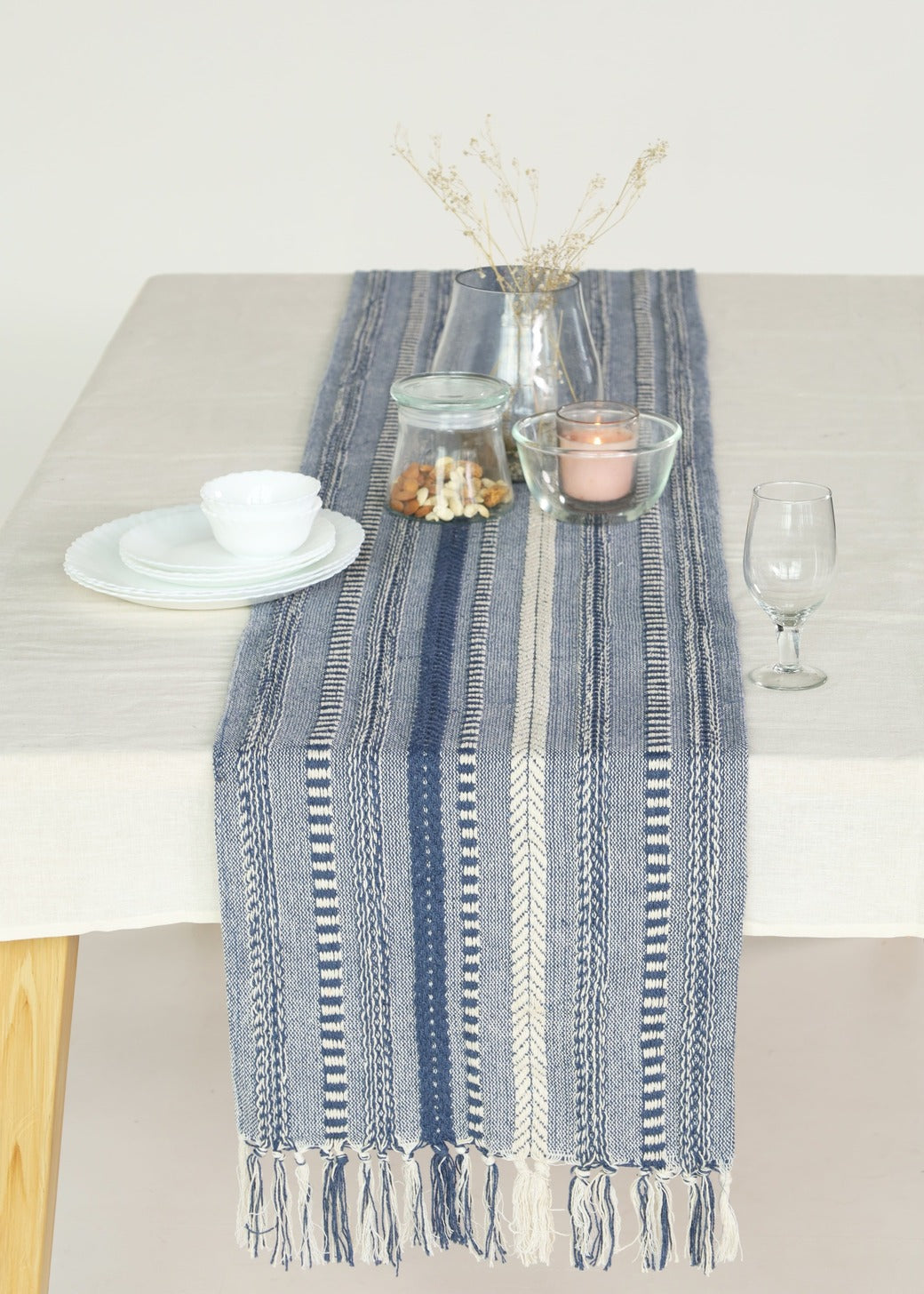 Farmhouse Blue Braided Stripe Table Runner