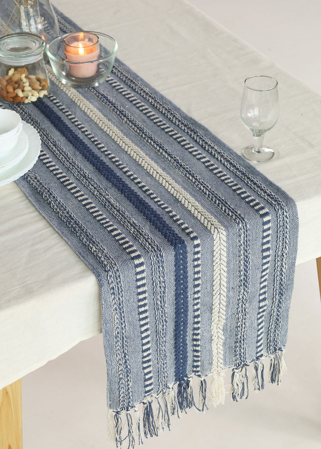 Farmhouse Blue Braided Stripe Table Runner