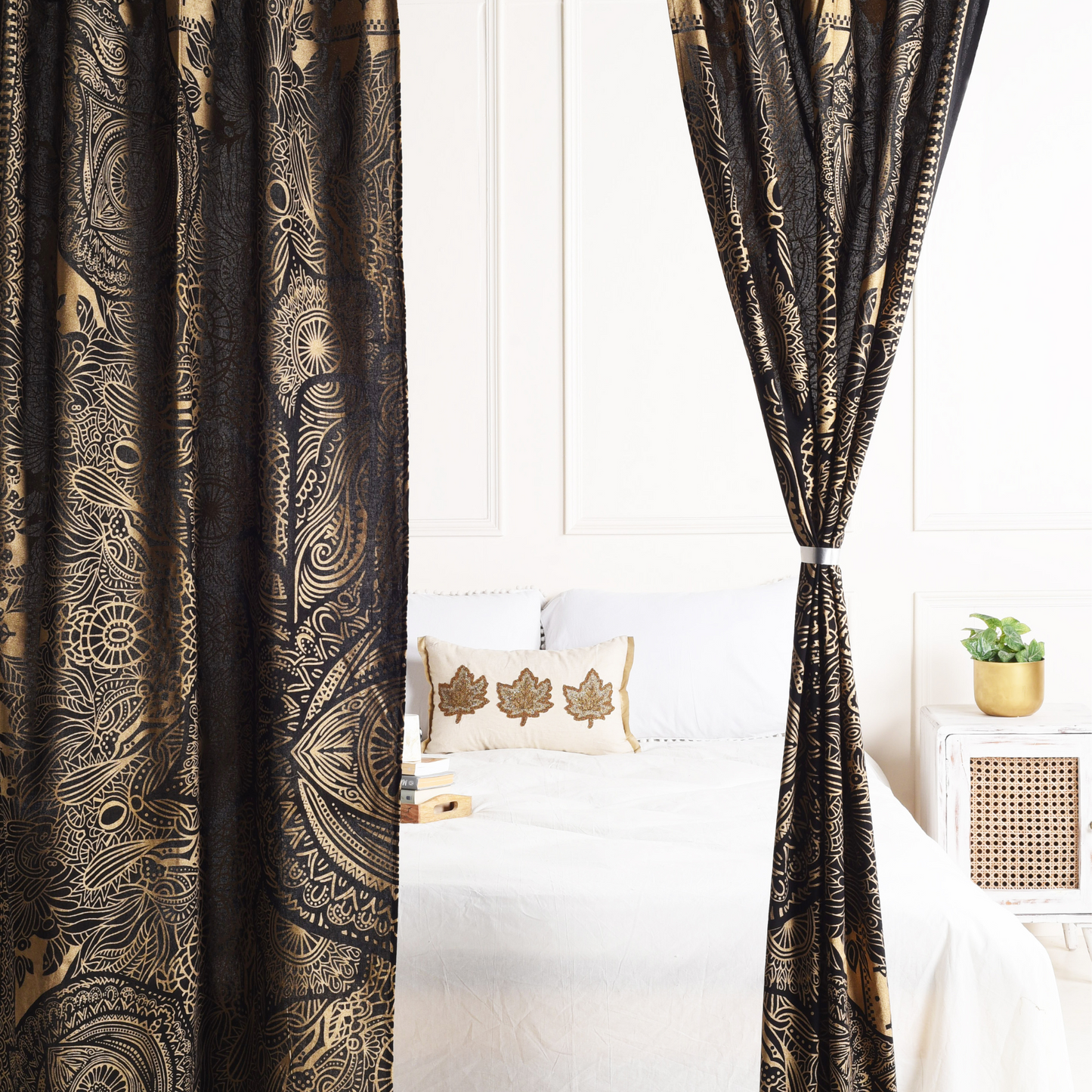 Black and Gold Abstract Pure Cotton Mandala Curtains - 2 Panel Set
