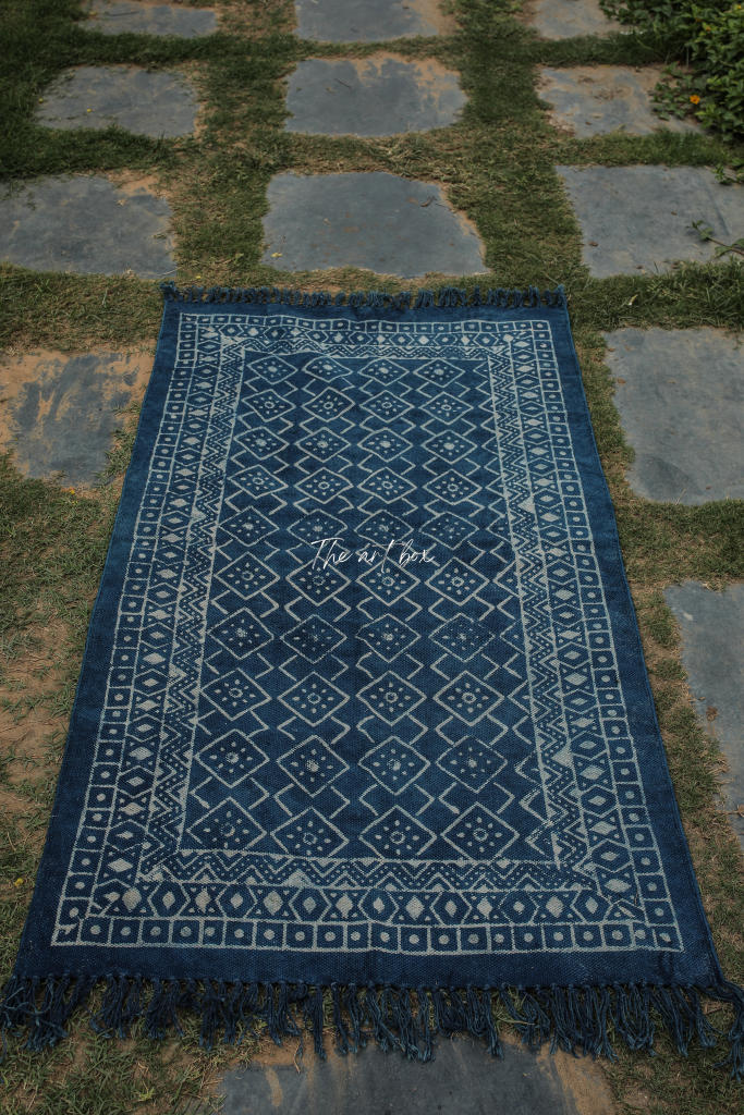 Dabu Rug Indigo Blue Dabu Block Print Cotton Rectangular Rugs