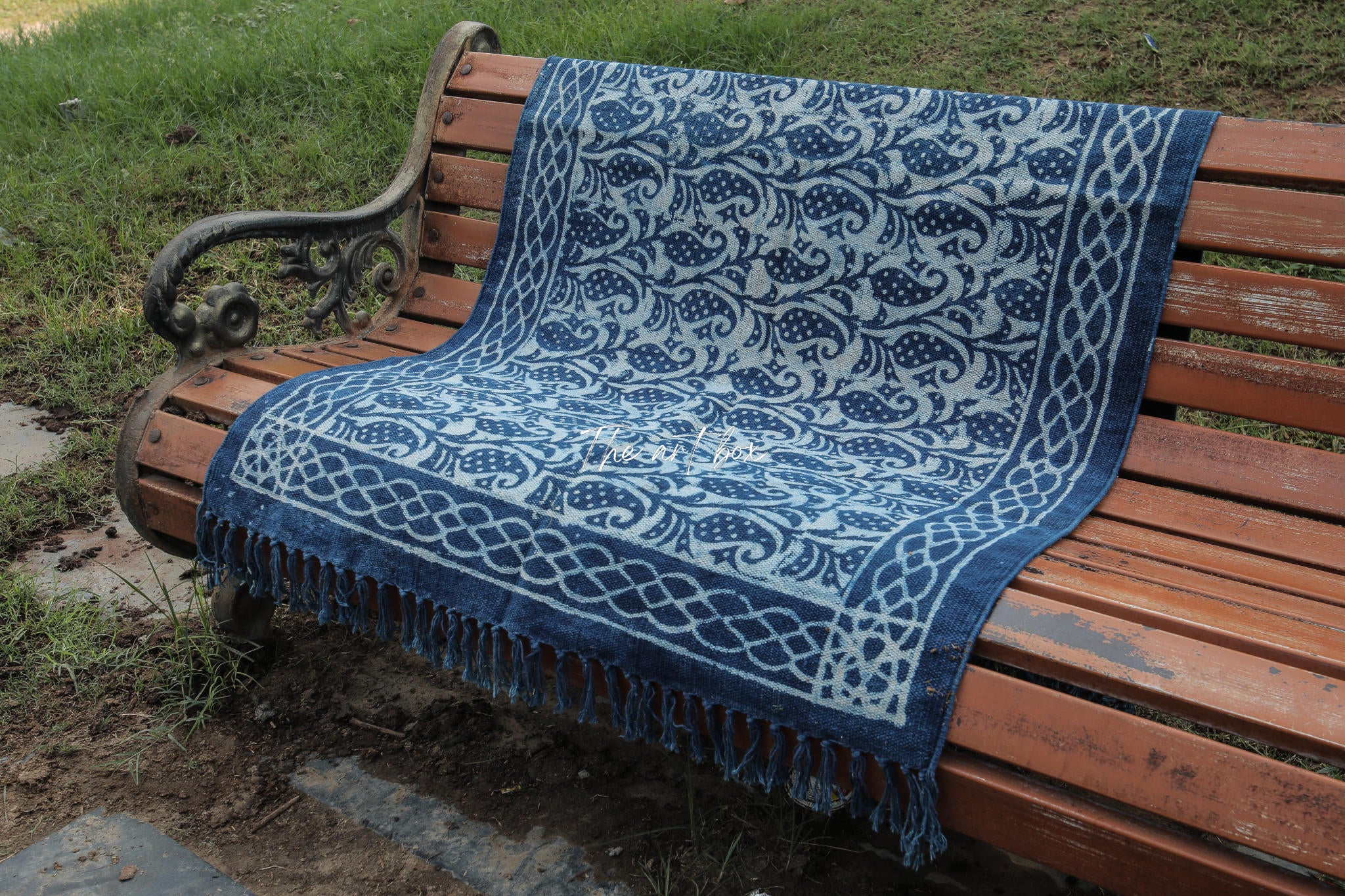 Indigo Blue Block Paisley Print Cotton Rectangular Rugs