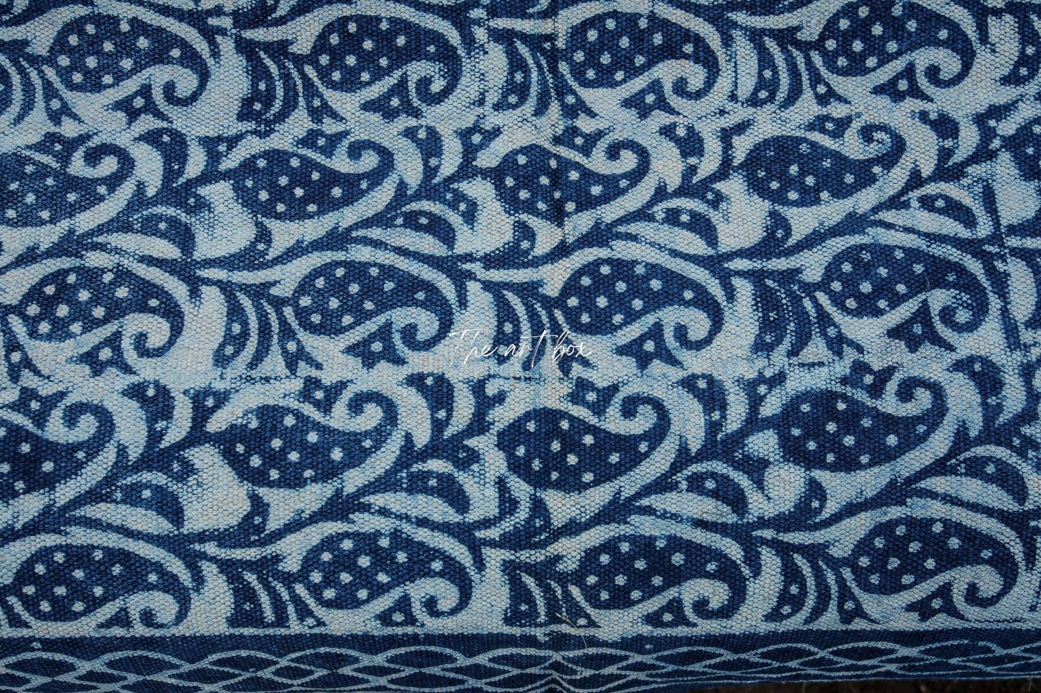 Indigo Blue Block Paisley Print Cotton Rectangular Rugs