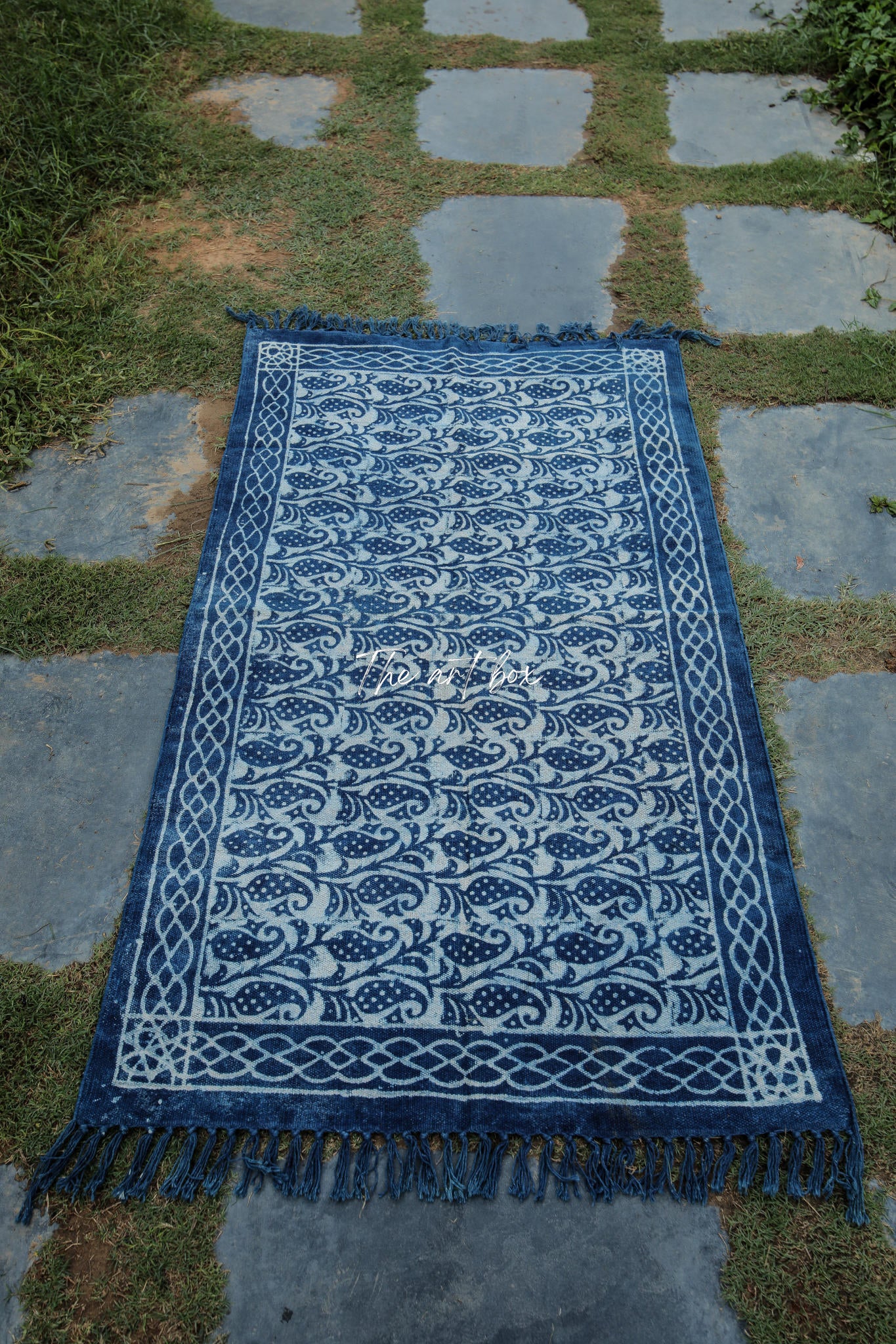 Indigo Blue Block Paisley Print Cotton Rectangular Rugs