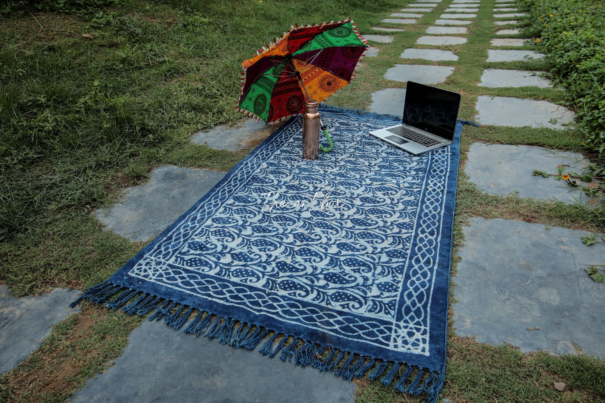 Indigo Blue Block Paisley Print Cotton Rectangular Rugs