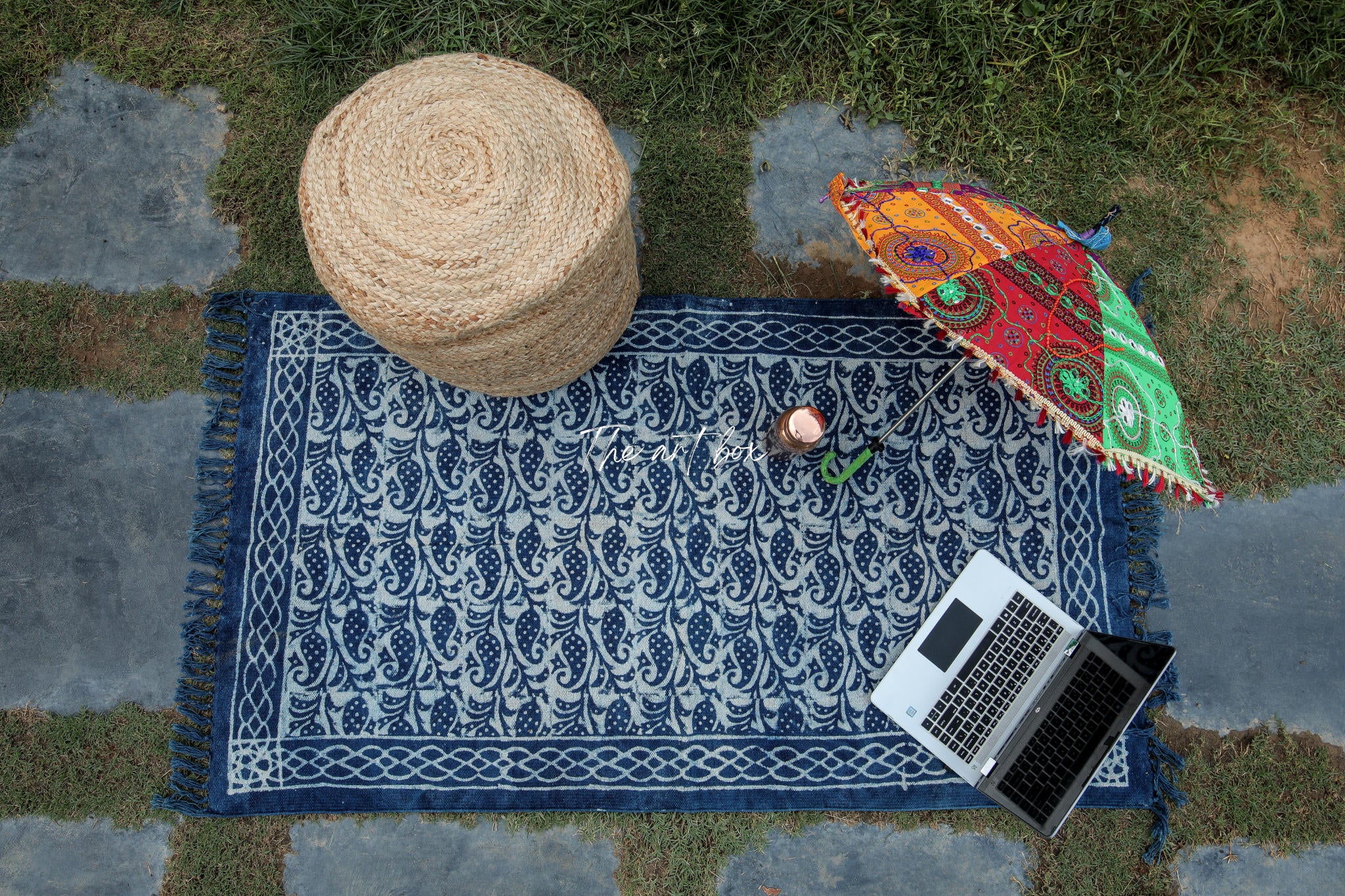 Indigo Blue Block Paisley Print Cotton Rectangular Rugs