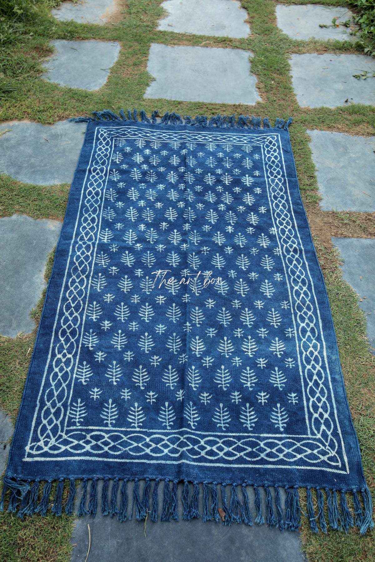 Dabu Rug Indigo Blue Dabu Block Print Cotton Rectangle Rugs