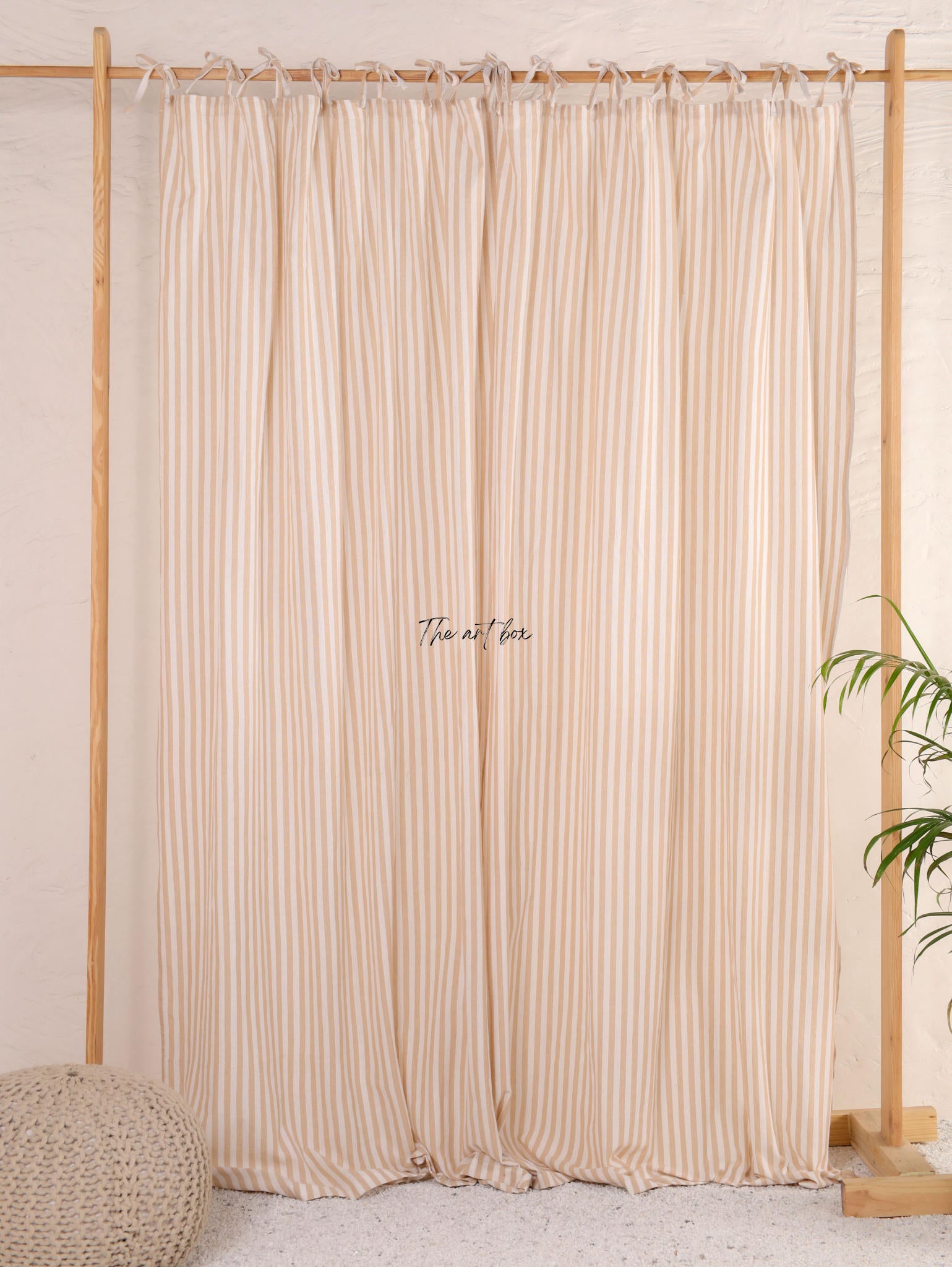 Linen Gauze Peach Stripes Tie Top Curtains- 2 Panel set