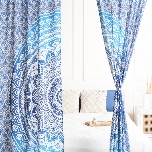 Sea Blue Lotus Pure Cotton Mandala Curtains - 2 Panel Set