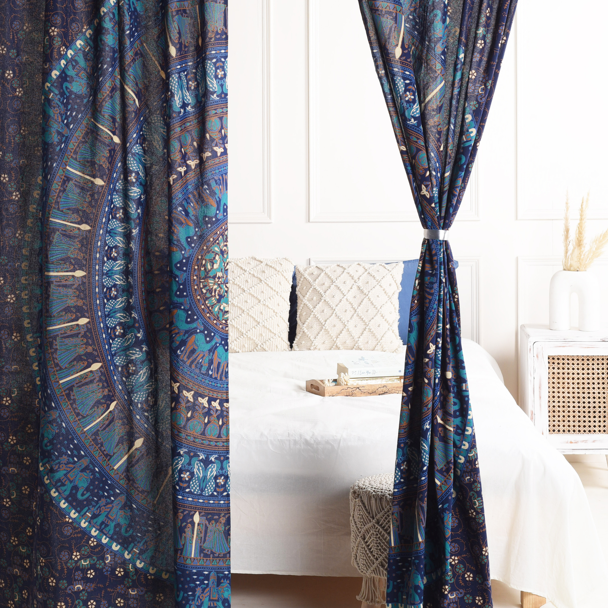 Bright Blue Camel Pure Cotton Mandala Curtains - 2 Panel Set