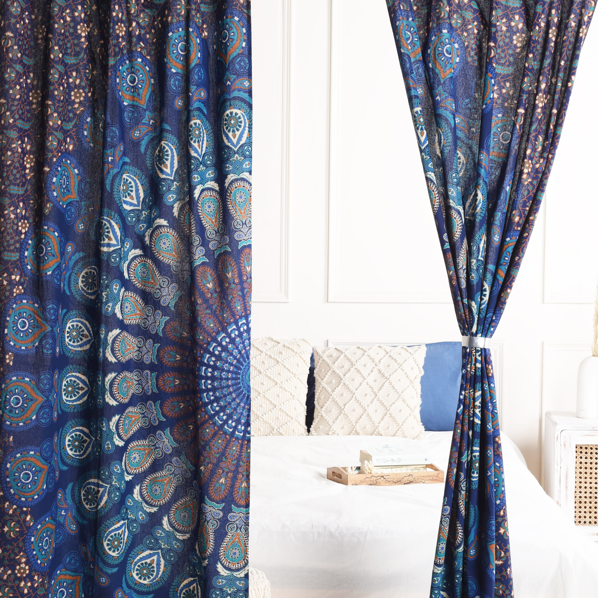 Bright Blue Peacock Pure Cotton Mandala Curtains - 2 Panel Set