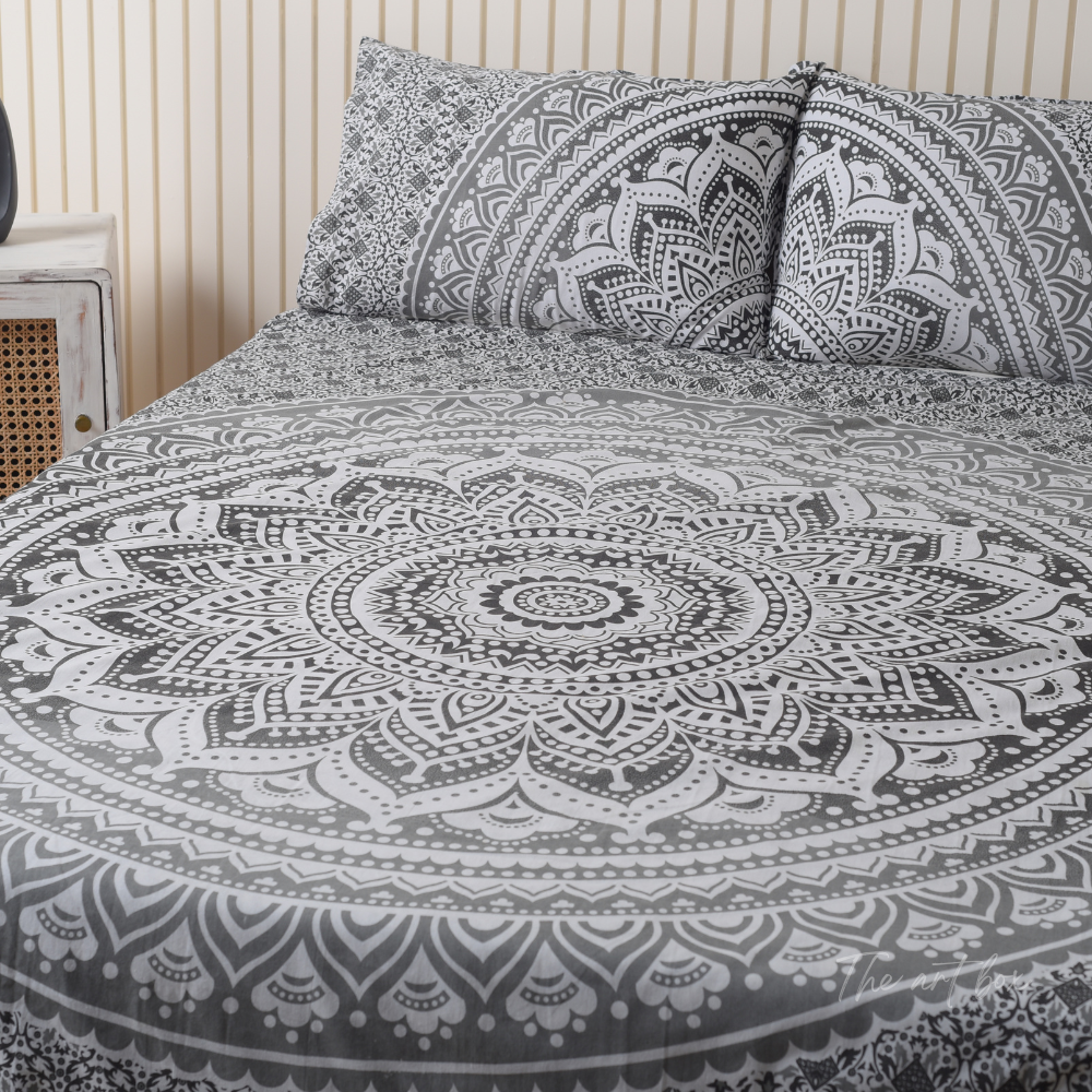 Black Mandala Bedsheet set with pillow covers