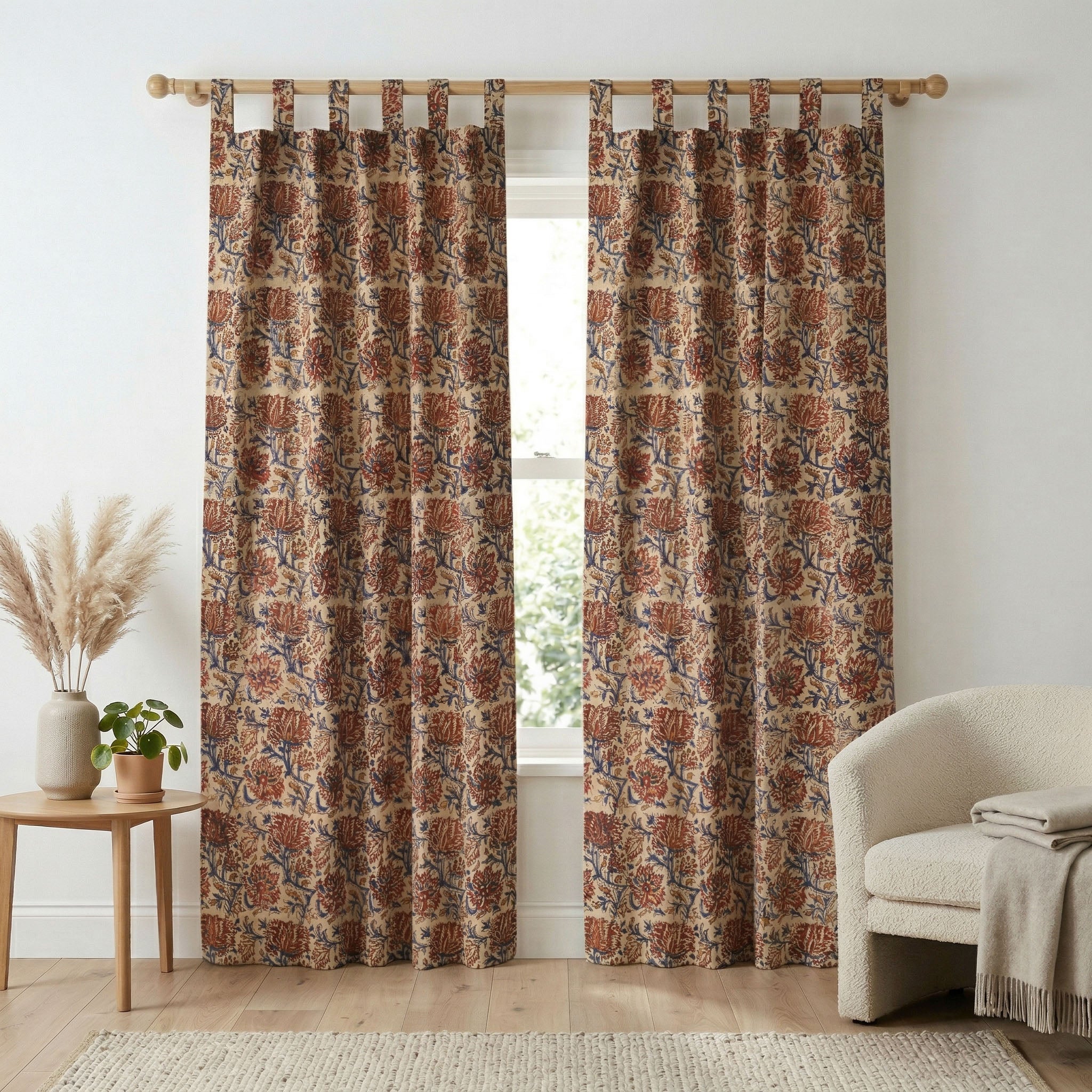 Vintage Earth Tone Floral Cotton Curtain – Handcrafted Single Panel Drapery