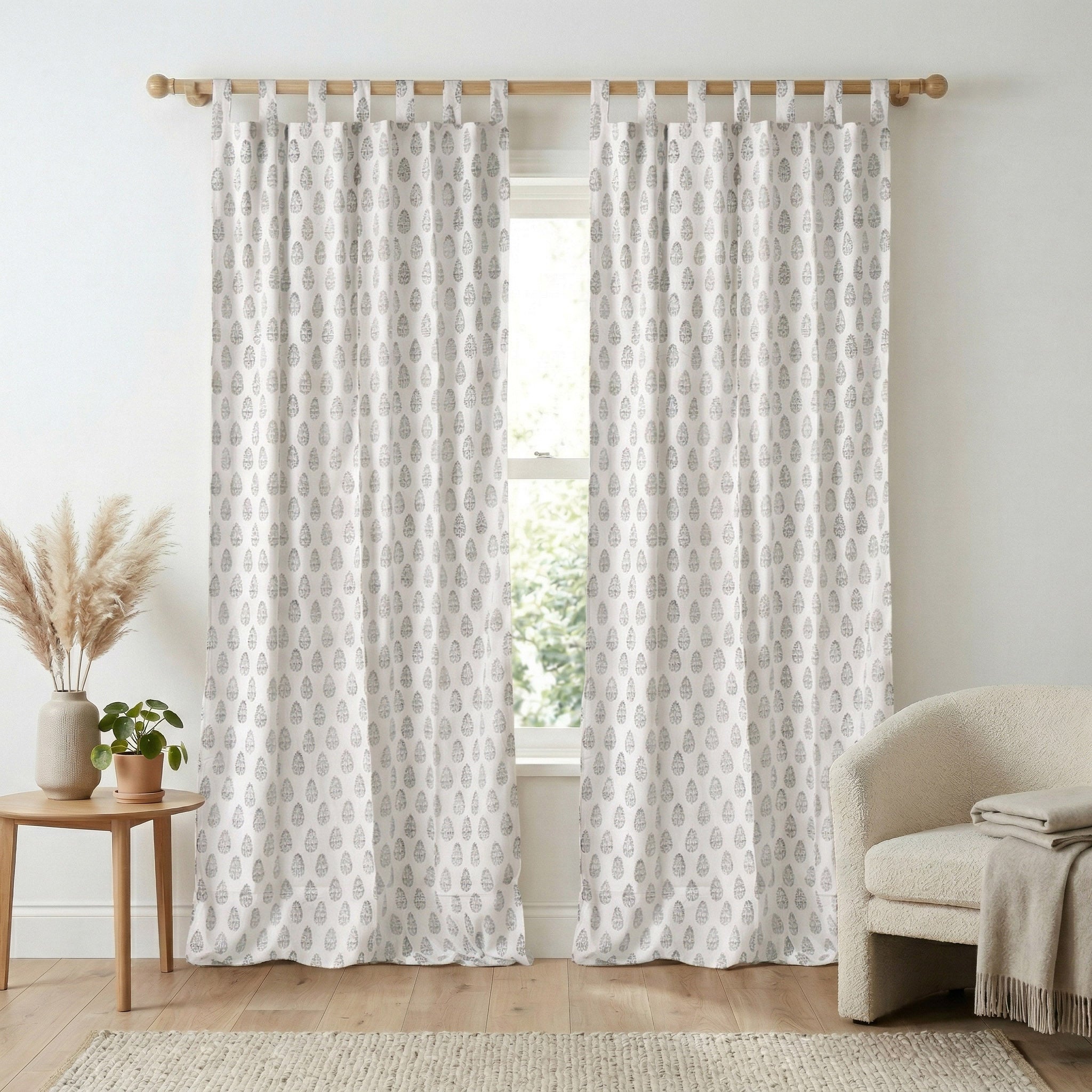 Modern Grey Botanical Leaf Cotton Curtain – Single Panel Decor