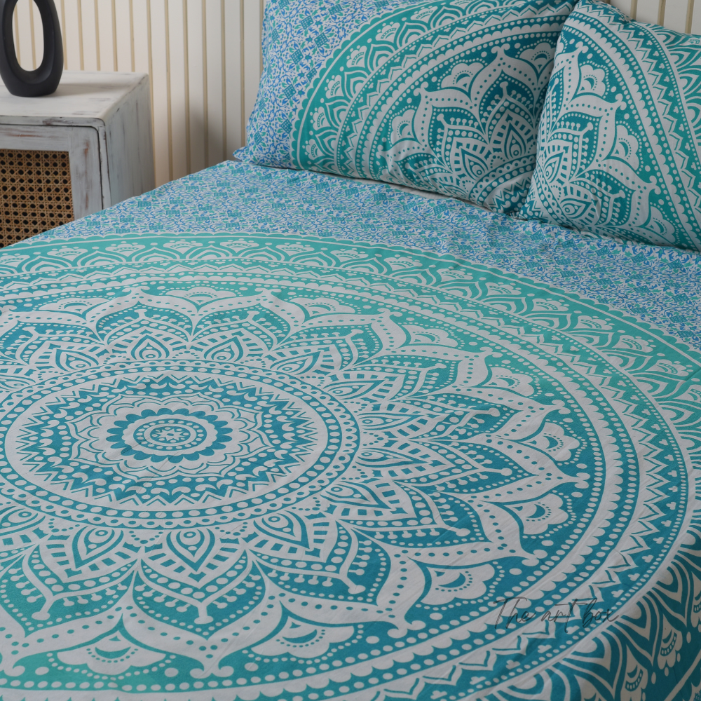 Turquoise Blue Mandala Bedsheet set with pillow covers