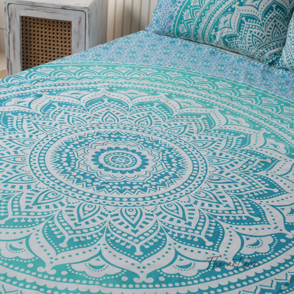 Turquoise Blue Mandala Bedsheet set with pillow covers