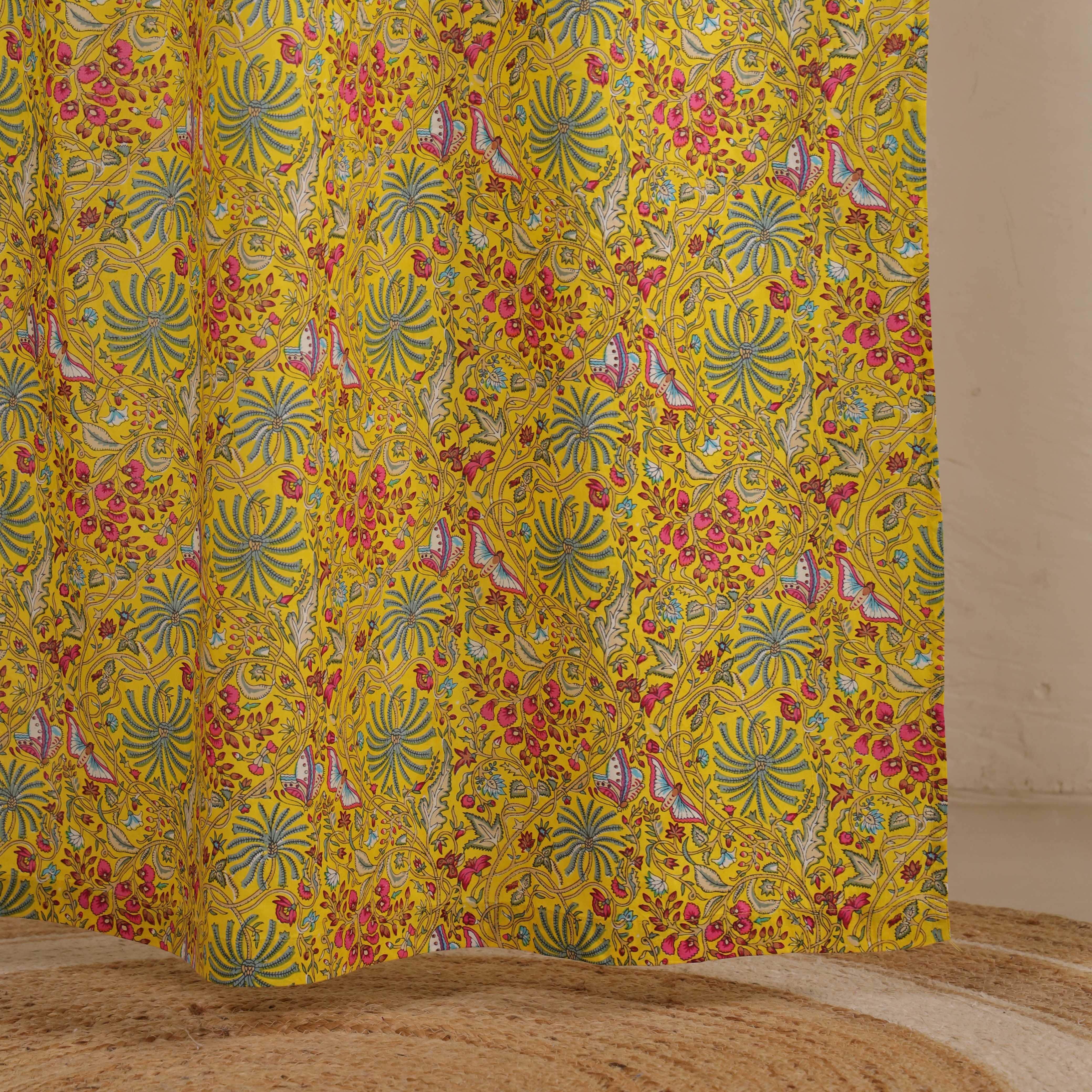 Handcrafted 100% Cotton Floral Curtain – Single Panel Vibrant Yellow Botanical Tie-Top Drapes for Boho & Farmhouse Decor