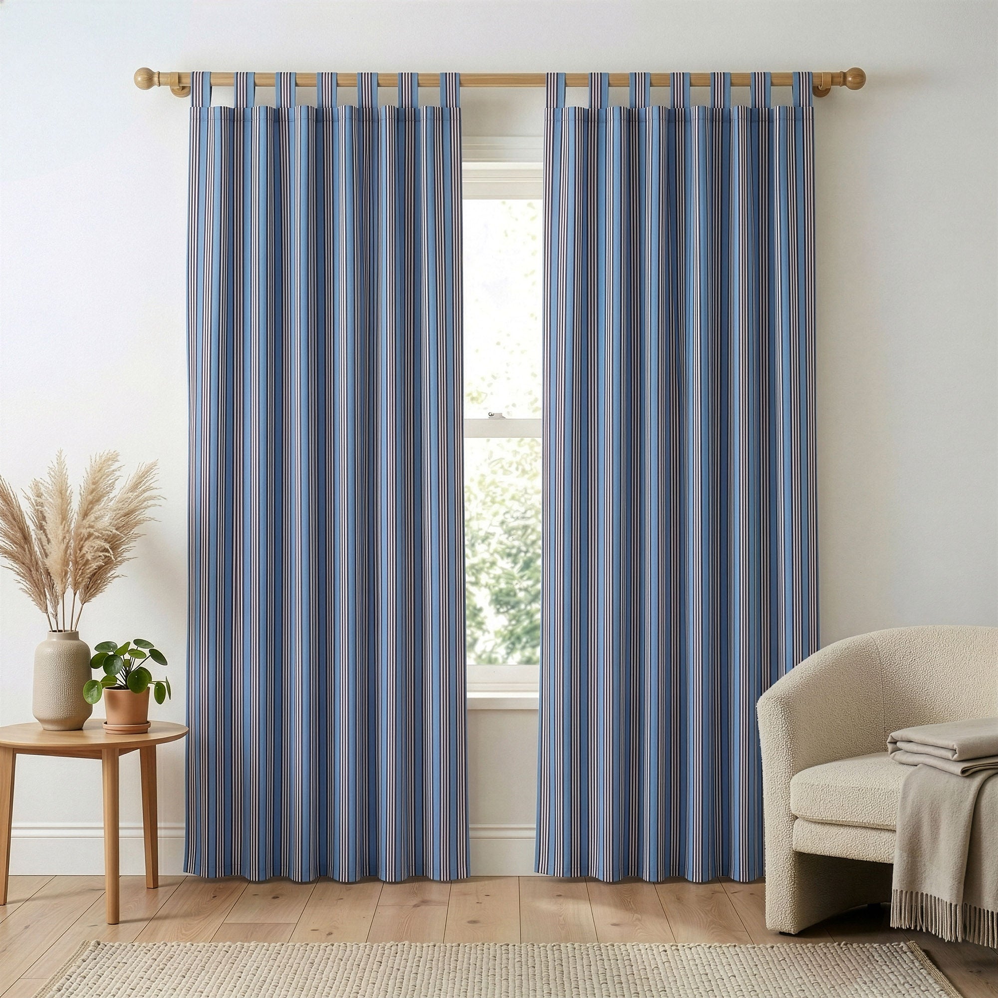 Sky Blue and White Pinstripe 100% Cotton Tie-Top Curtain - Single Panel Farmhouse Window Treatment