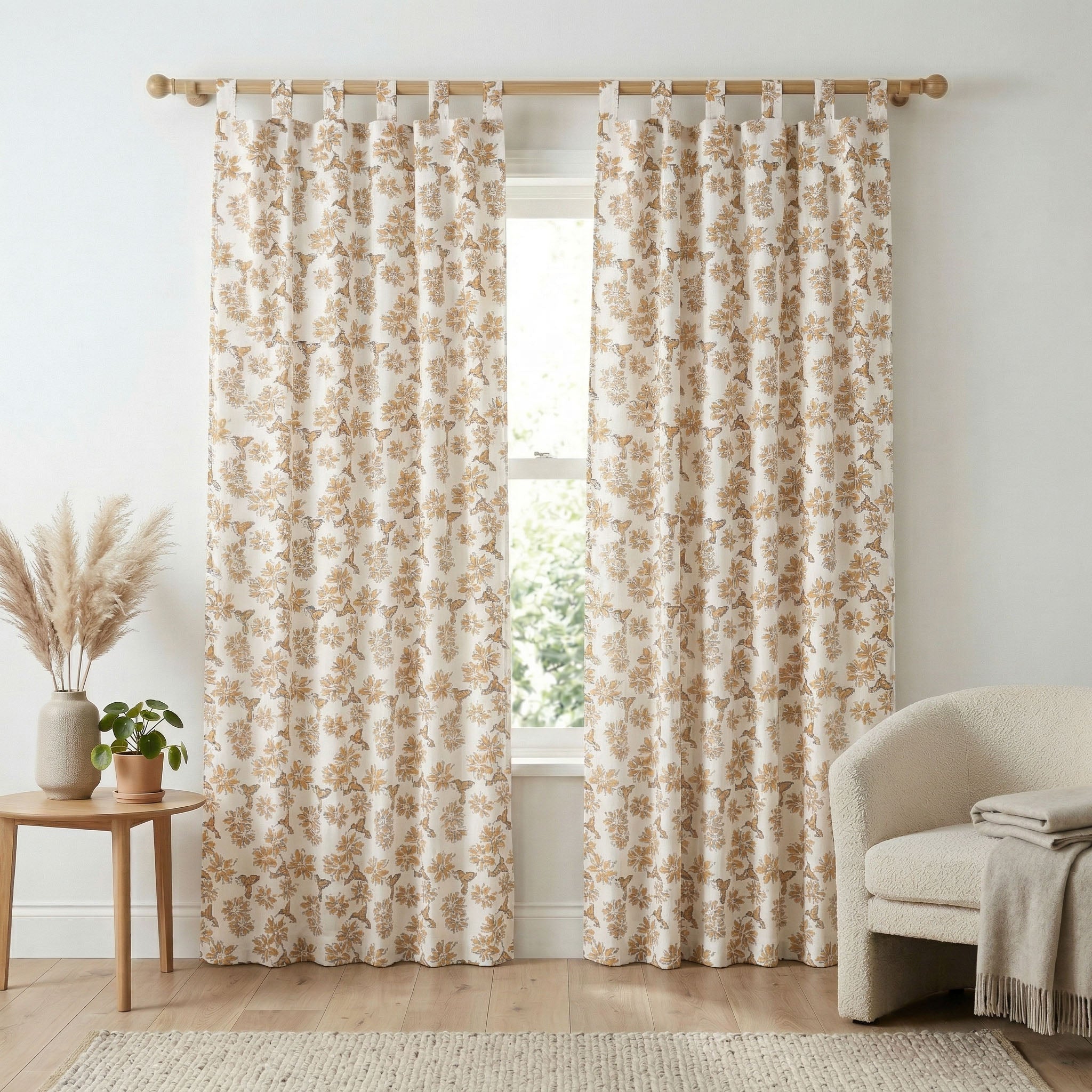 Premium 100% Cotton Hummingbird & Floral Curtain - Modern Farmhouse Single Panel (Gold/Ochre)