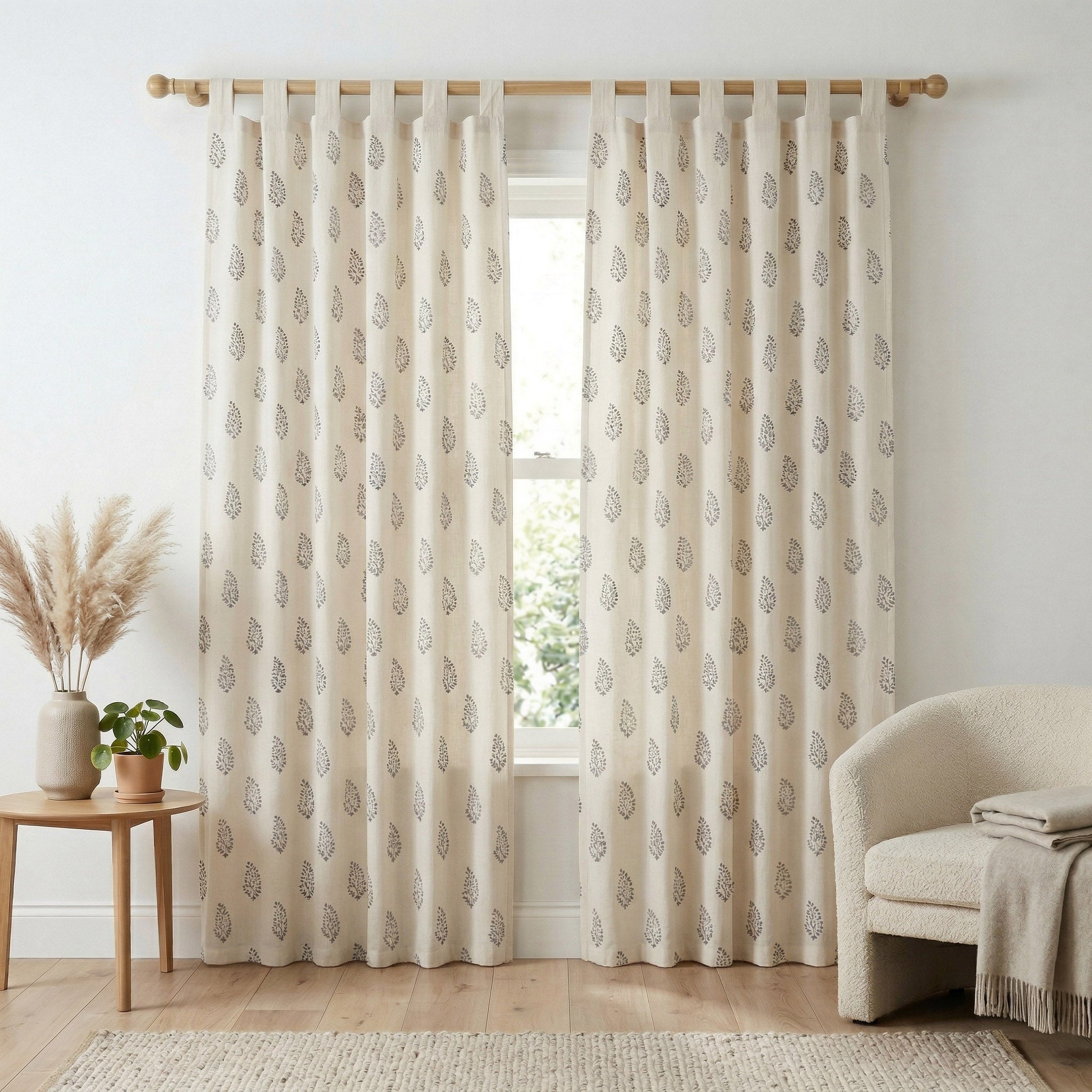 Artisanal Print Cotton Curtain – Single Panel Tab Top (Black Floral)