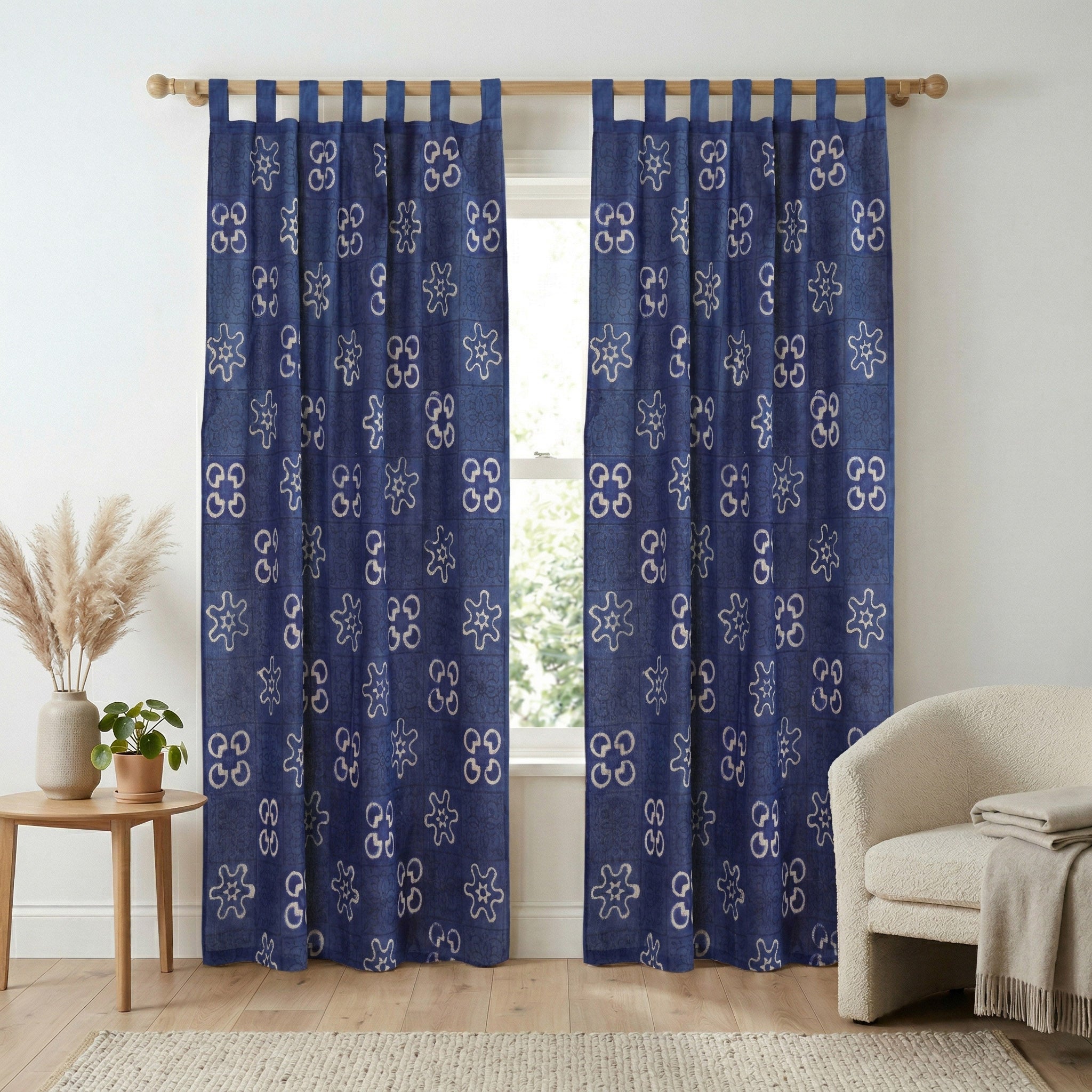 Indigo Blue Geometric Cotton Curtain – Single Panel Tab Top