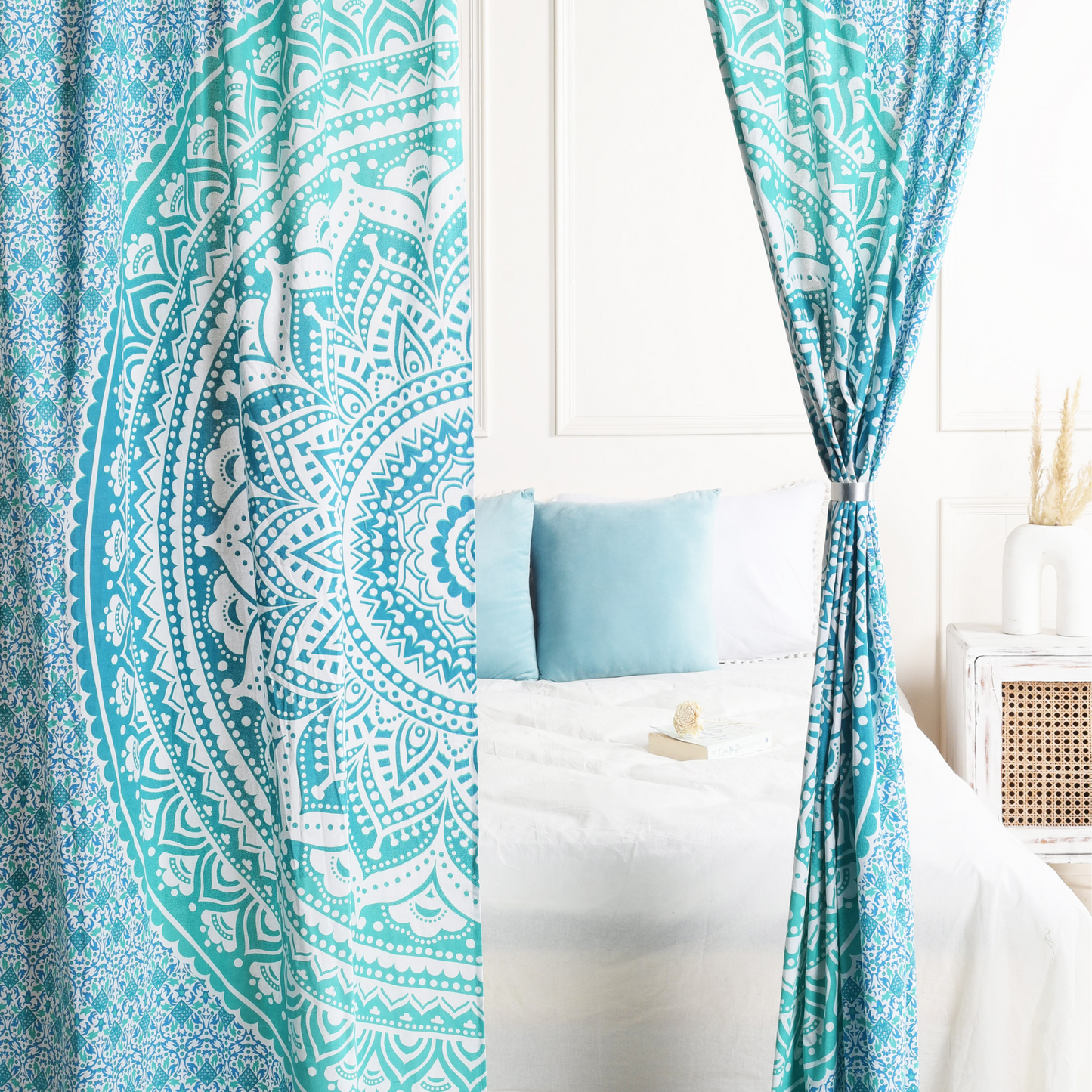 Turquoise Blue Lotus Pure Cotton Mandala Curtains - 2 Panel Set