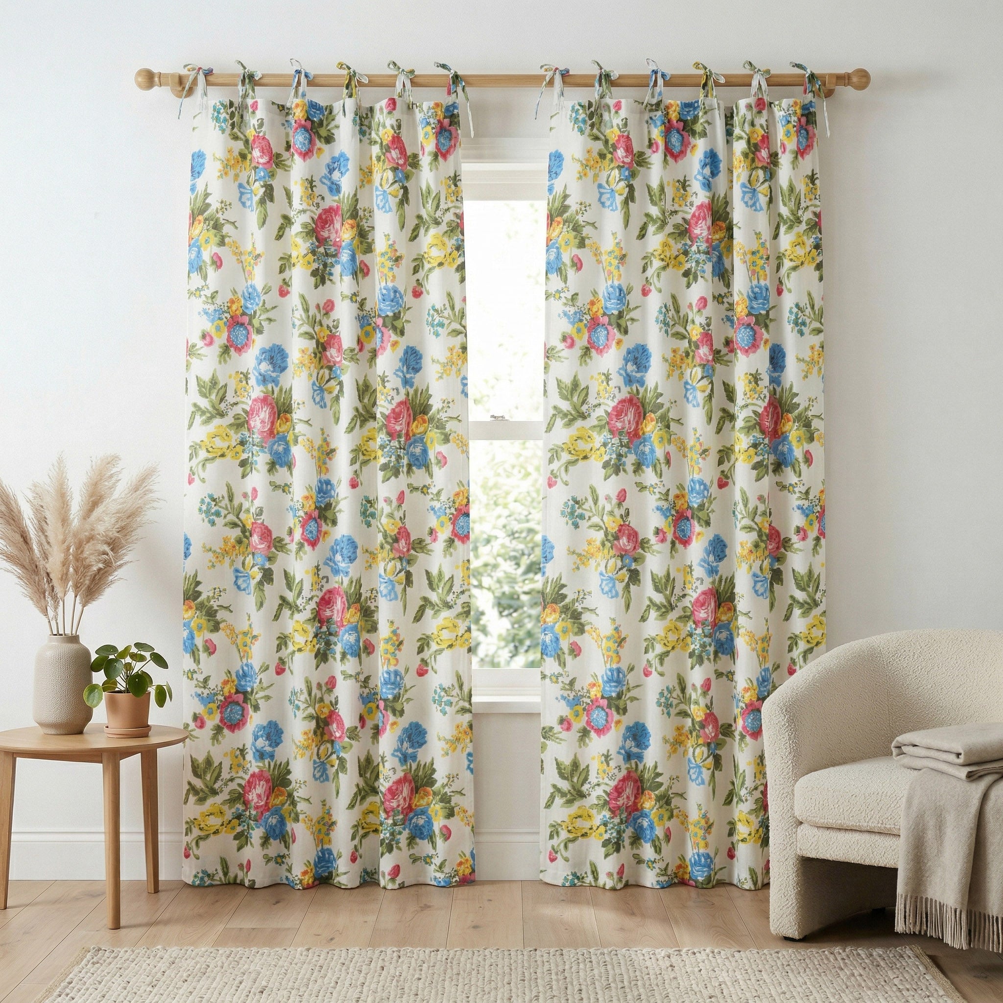 English Country Garden Floral Cotton Curtain – Single Panel Tie Top