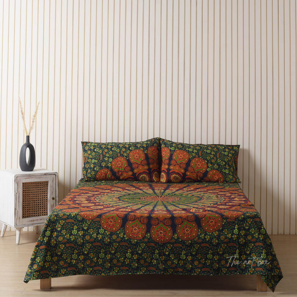 Green Peacock Mandala Bedsheets with pillow covers