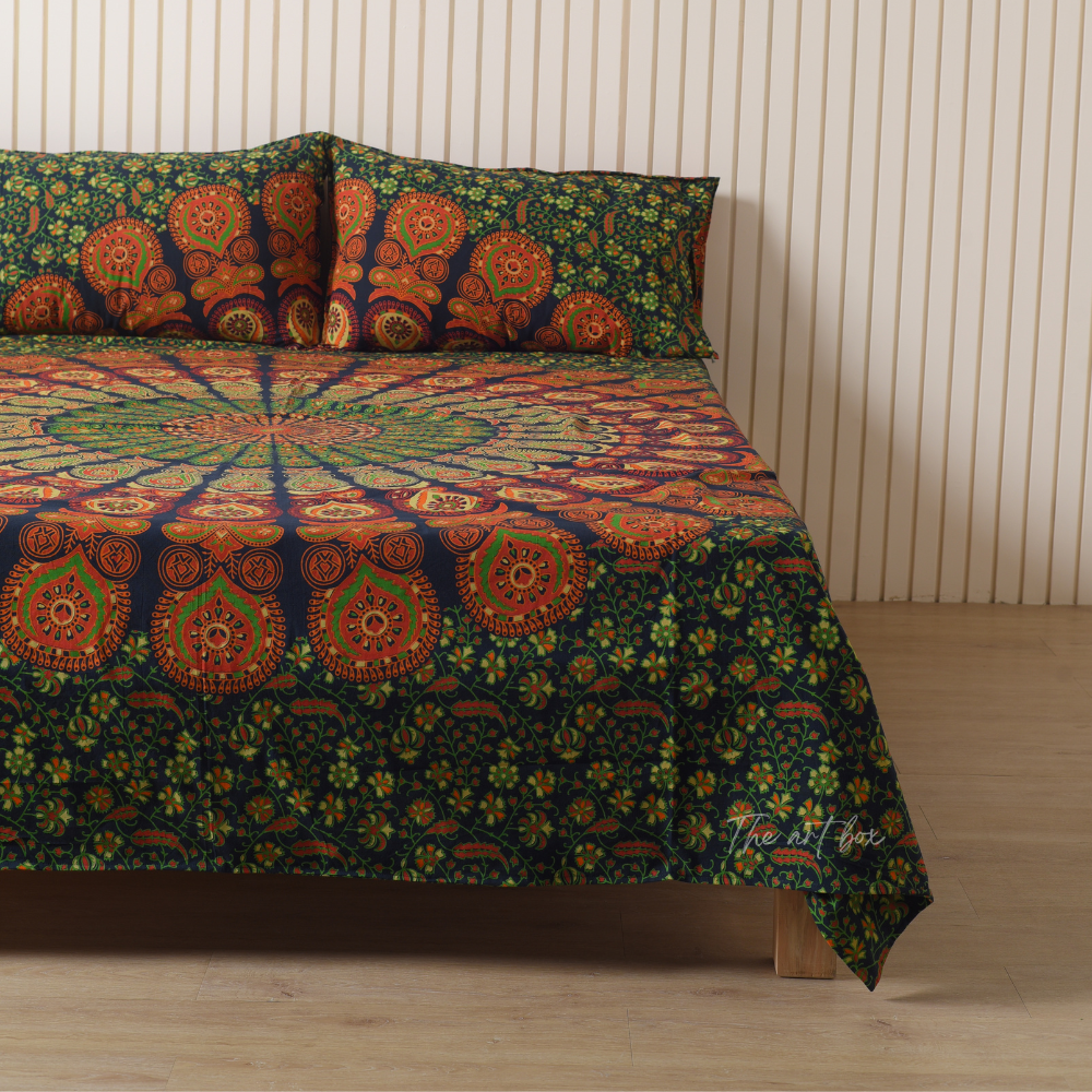 Green Peacock Mandala Bedsheets with pillow covers