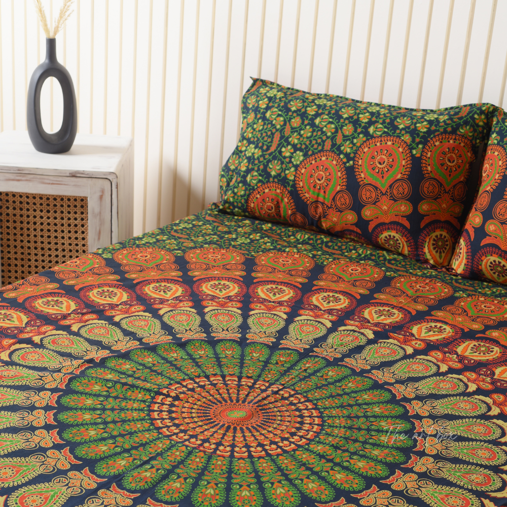 Green Peacock Mandala Bedsheets with pillow covers