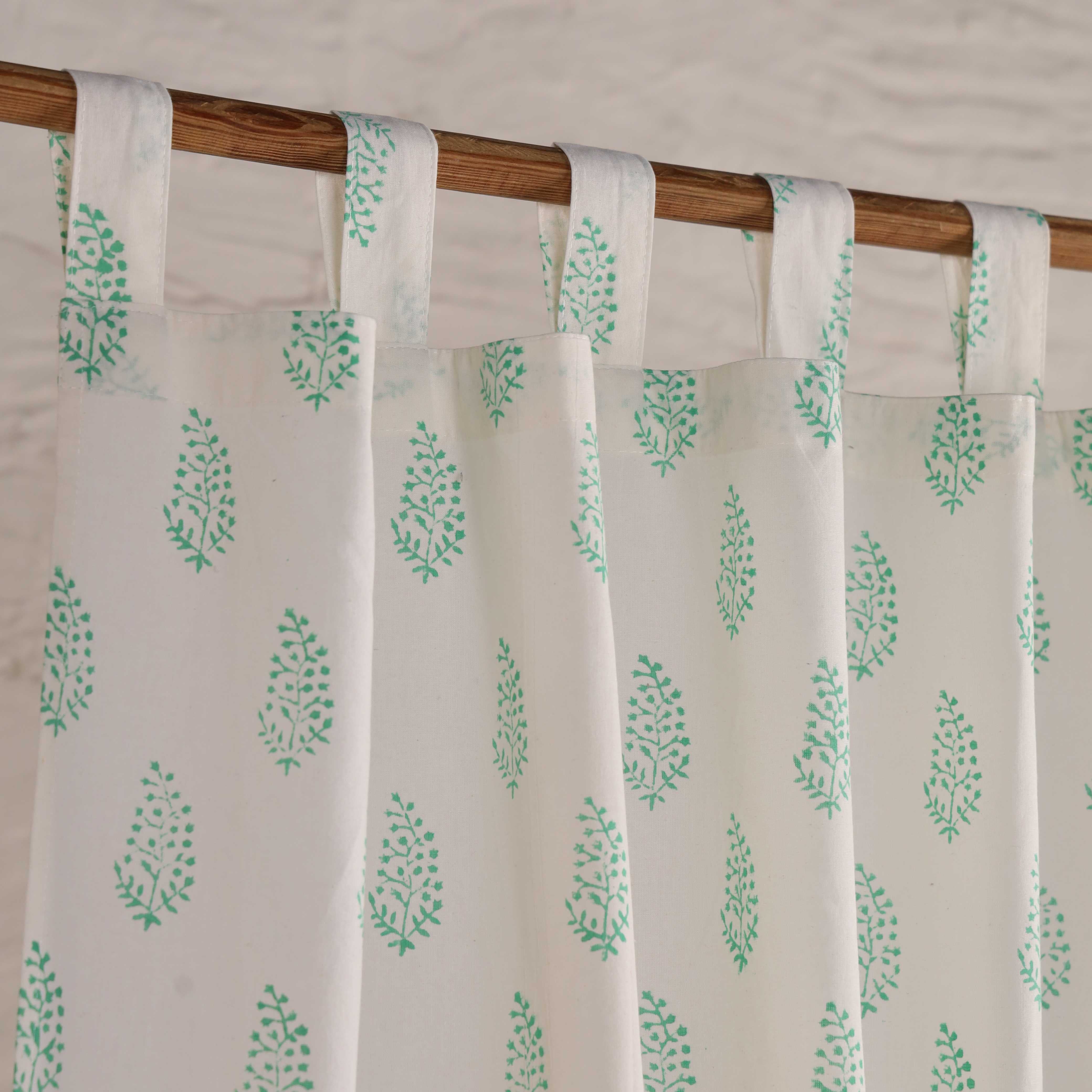 White Teal Boota Printed Inspired Sage Floral Cotton Curtain – Single Panel