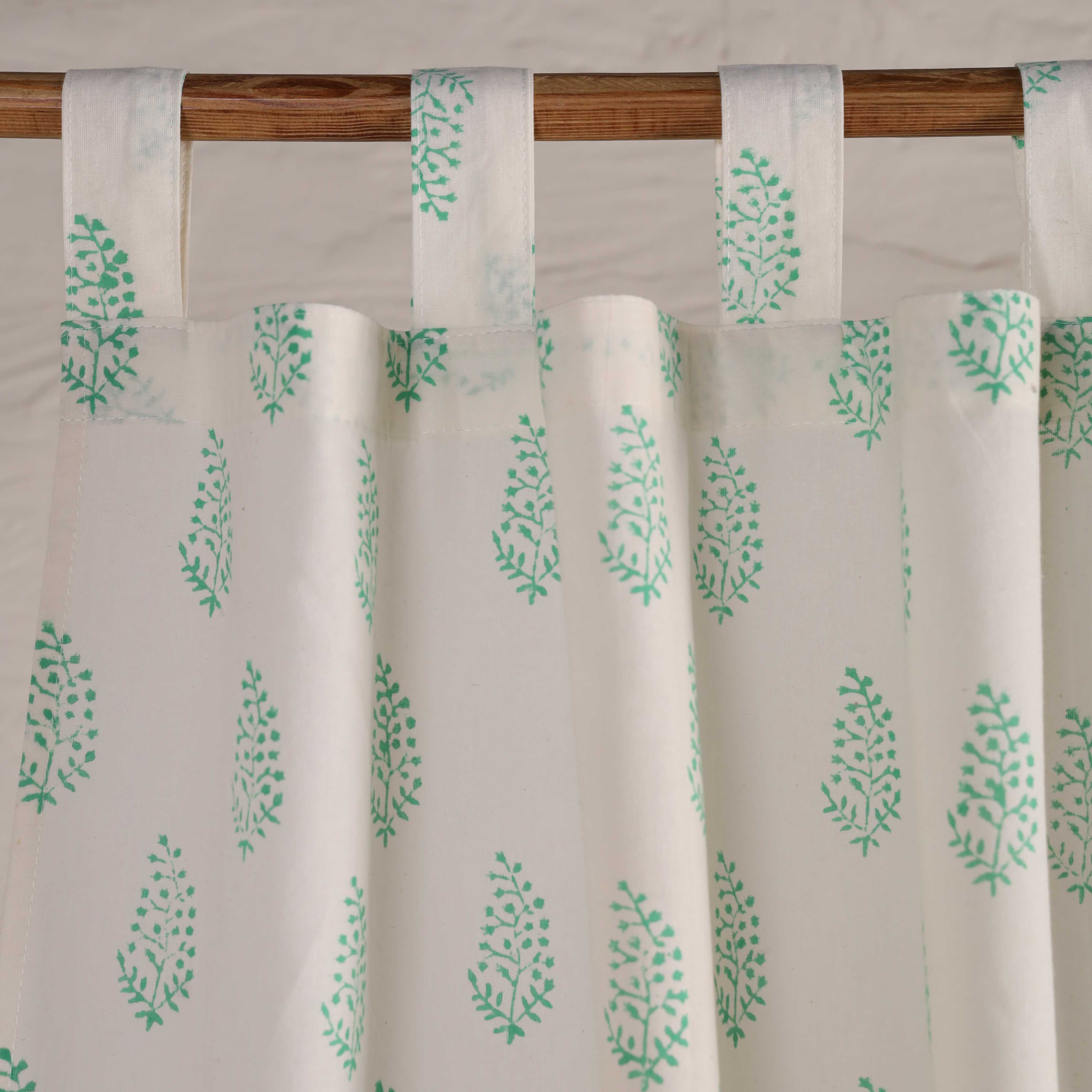 White Teal Boota Printed Inspired Sage Floral Cotton Curtain – Single Panel