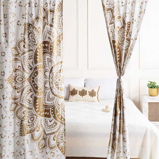 White and Gold Lotus Pure Cotton Mandala Curtains - 2 Panel Set