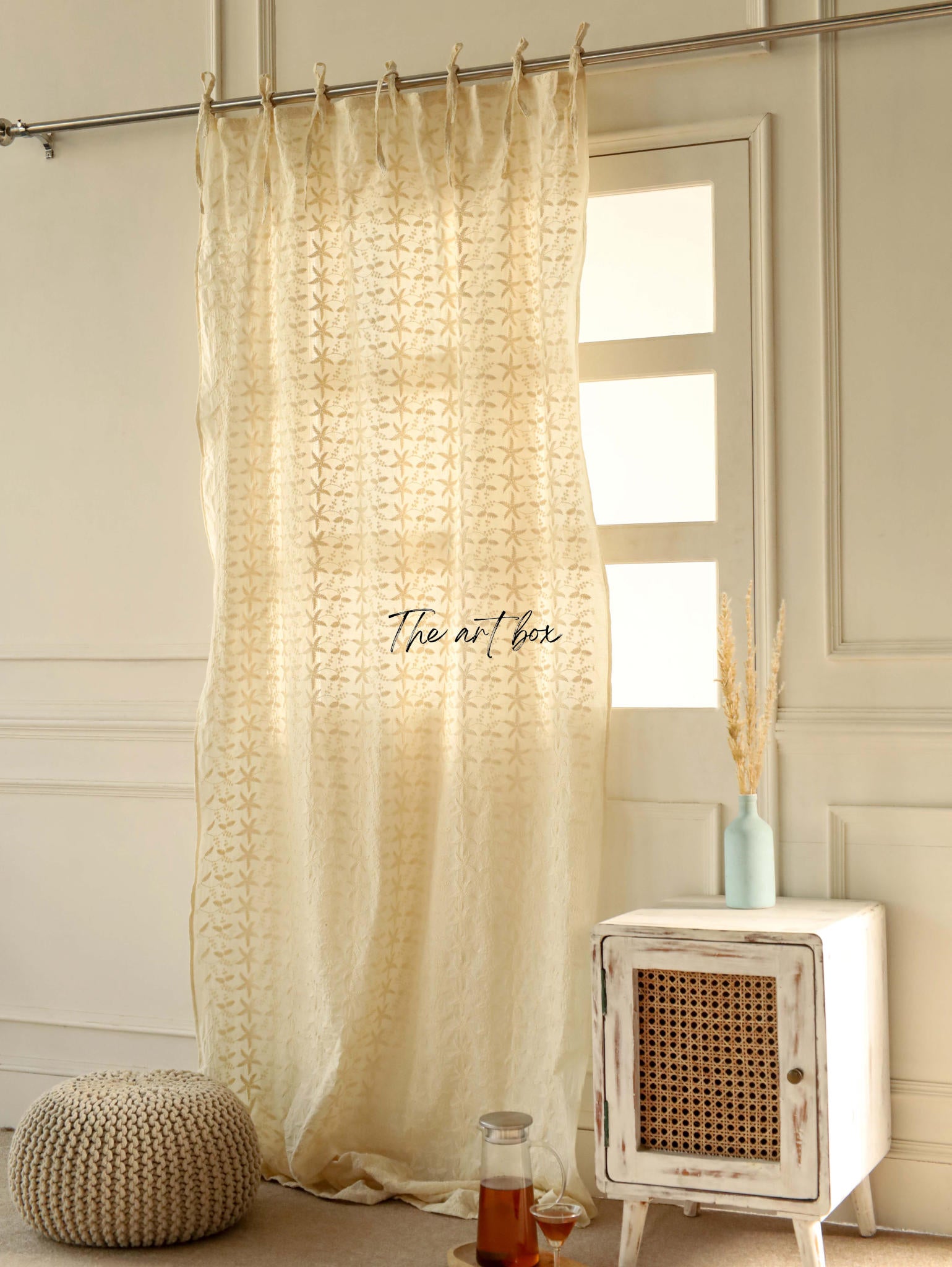 Beige  Embroidered Cotton Curtains - 1 Panel Set