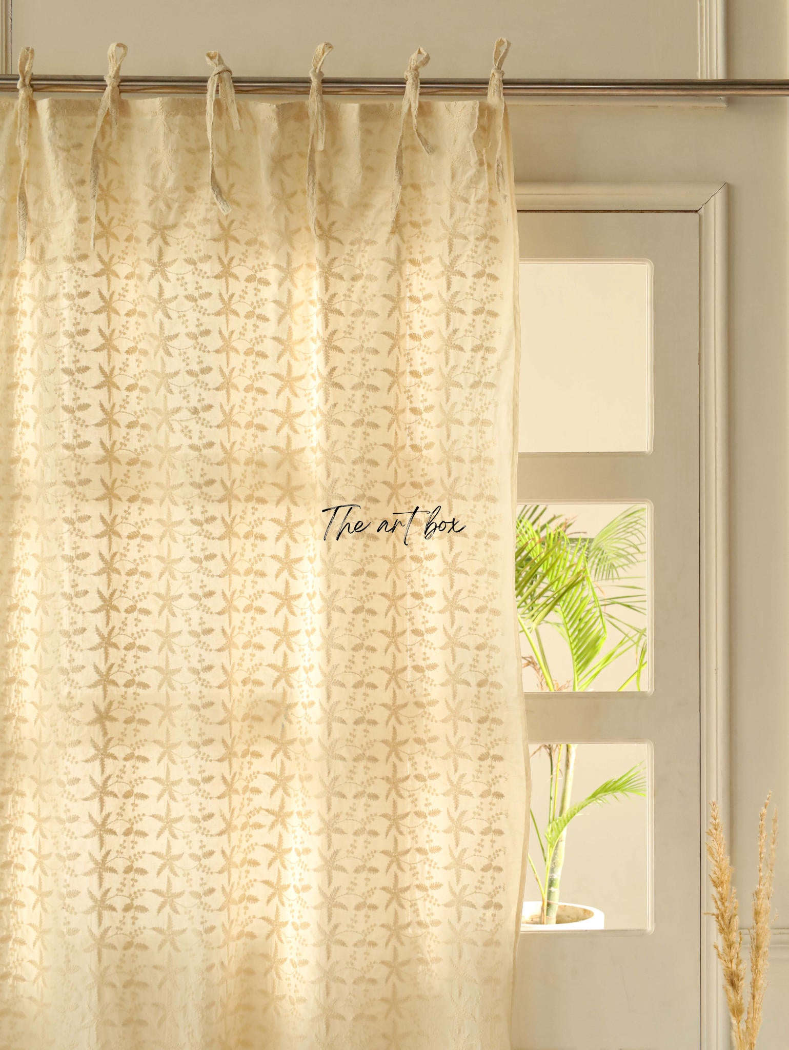 Beige  Embroidered Cotton Curtains - 1 Panel Set