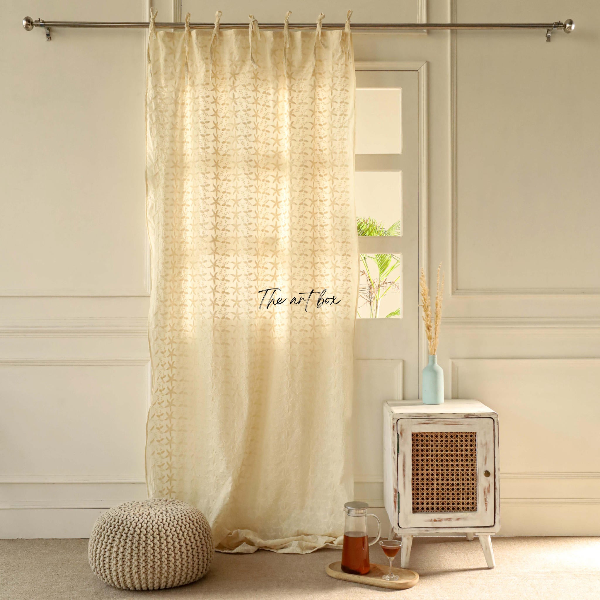 Beige  Embroidered Cotton Curtains - 1 Panel Set