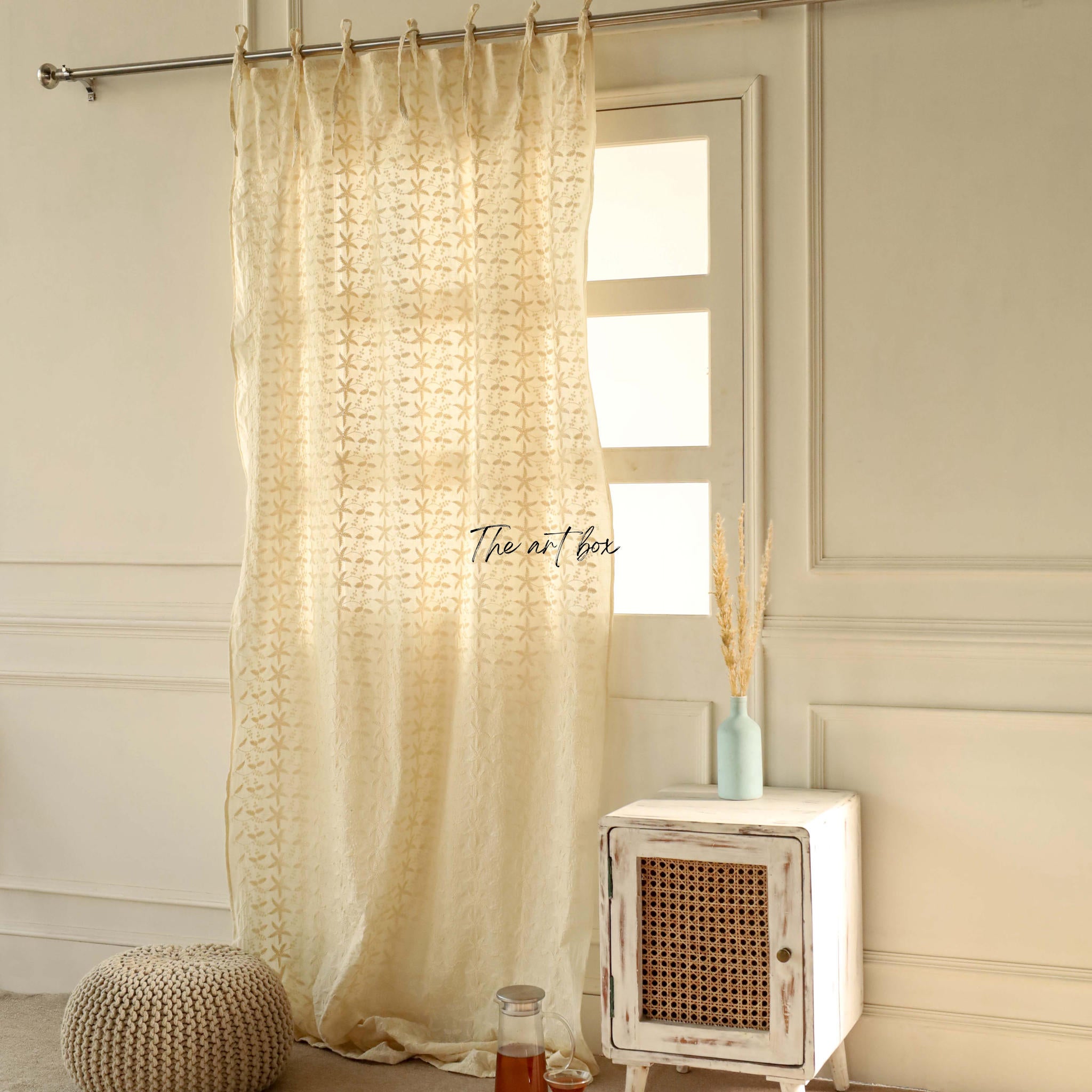 Beige  Embroidered Cotton Curtains - 1 Panel Set