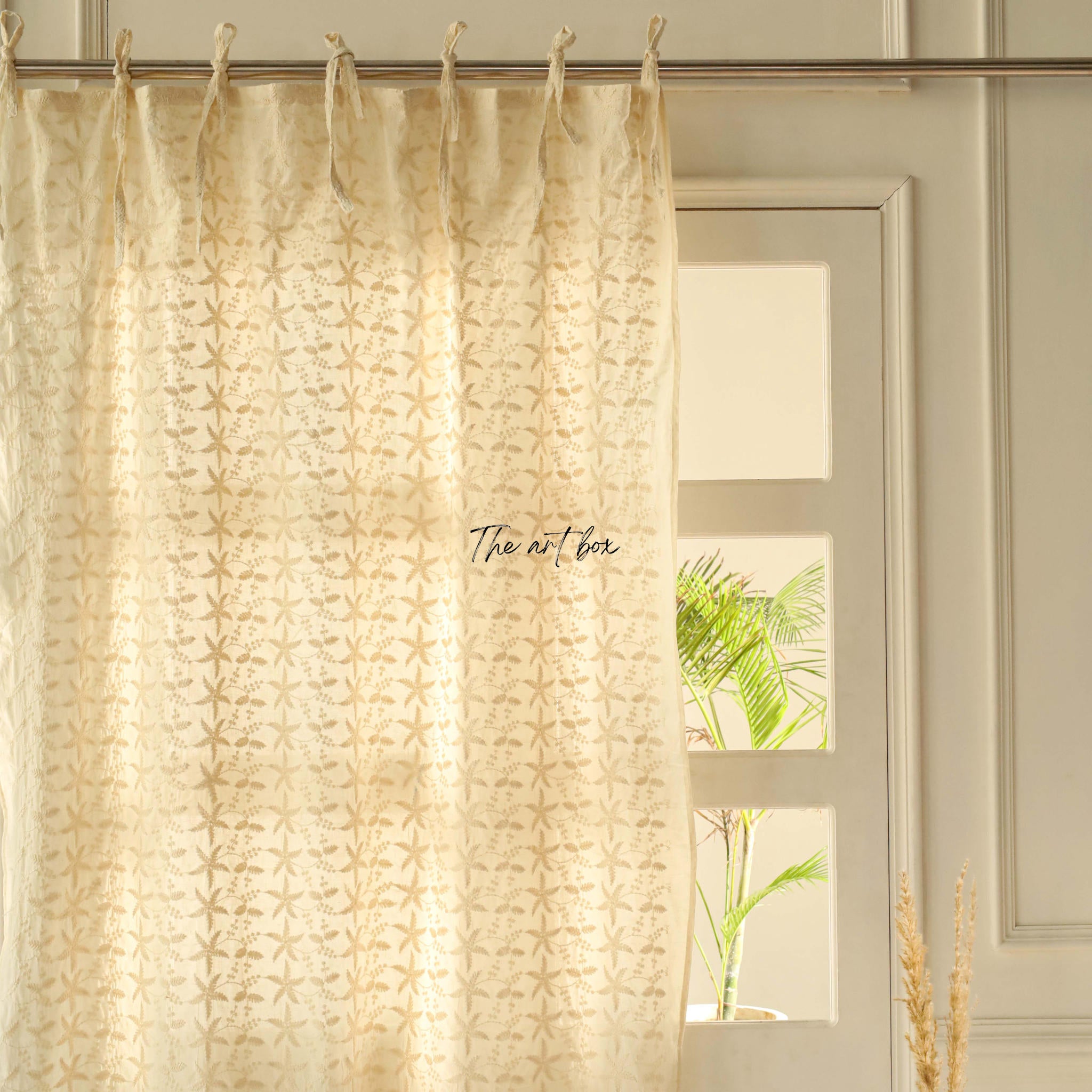 Beige  Embroidered Cotton Curtains - 1 Panel Set