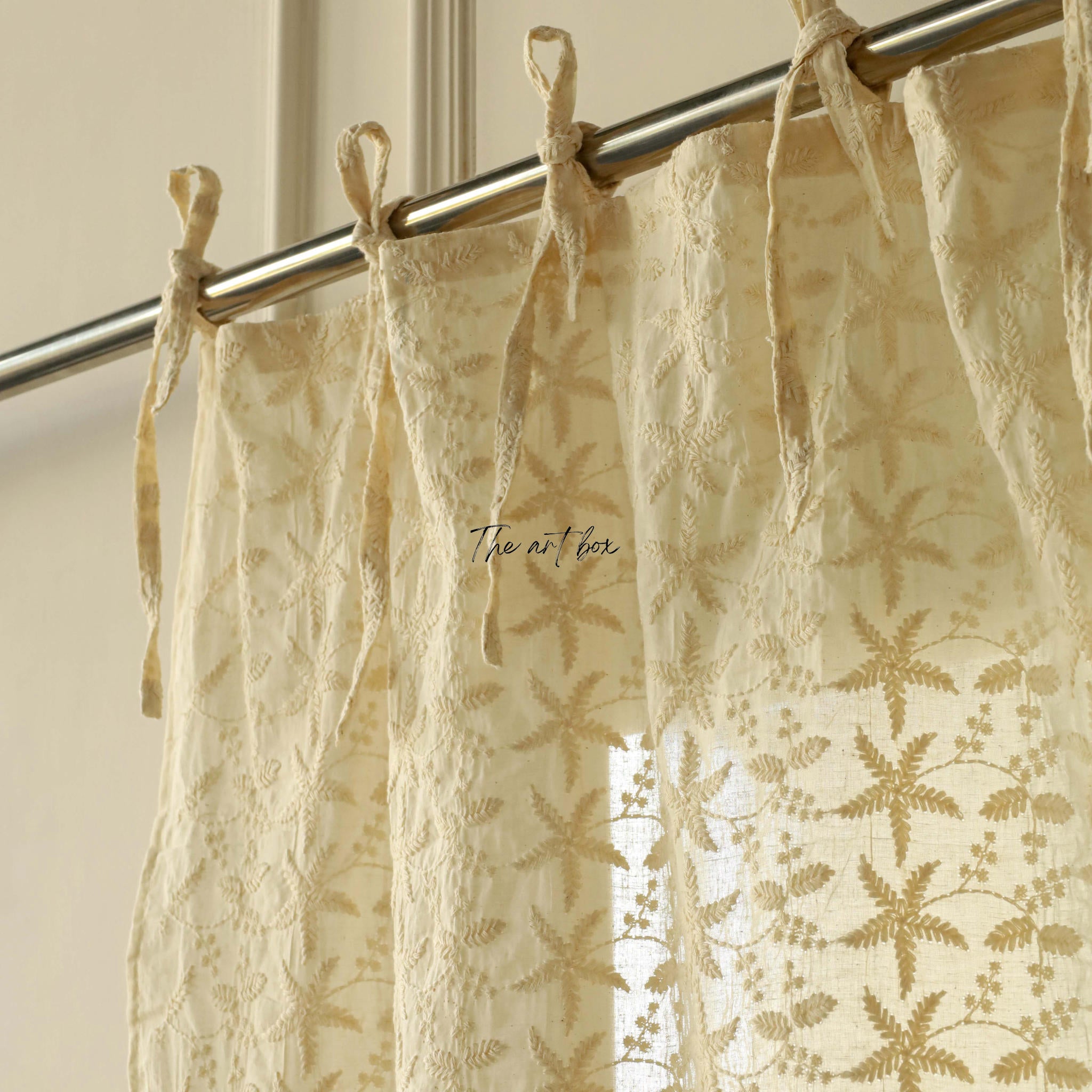 Beige  Embroidered Cotton Curtains - 1 Panel Set